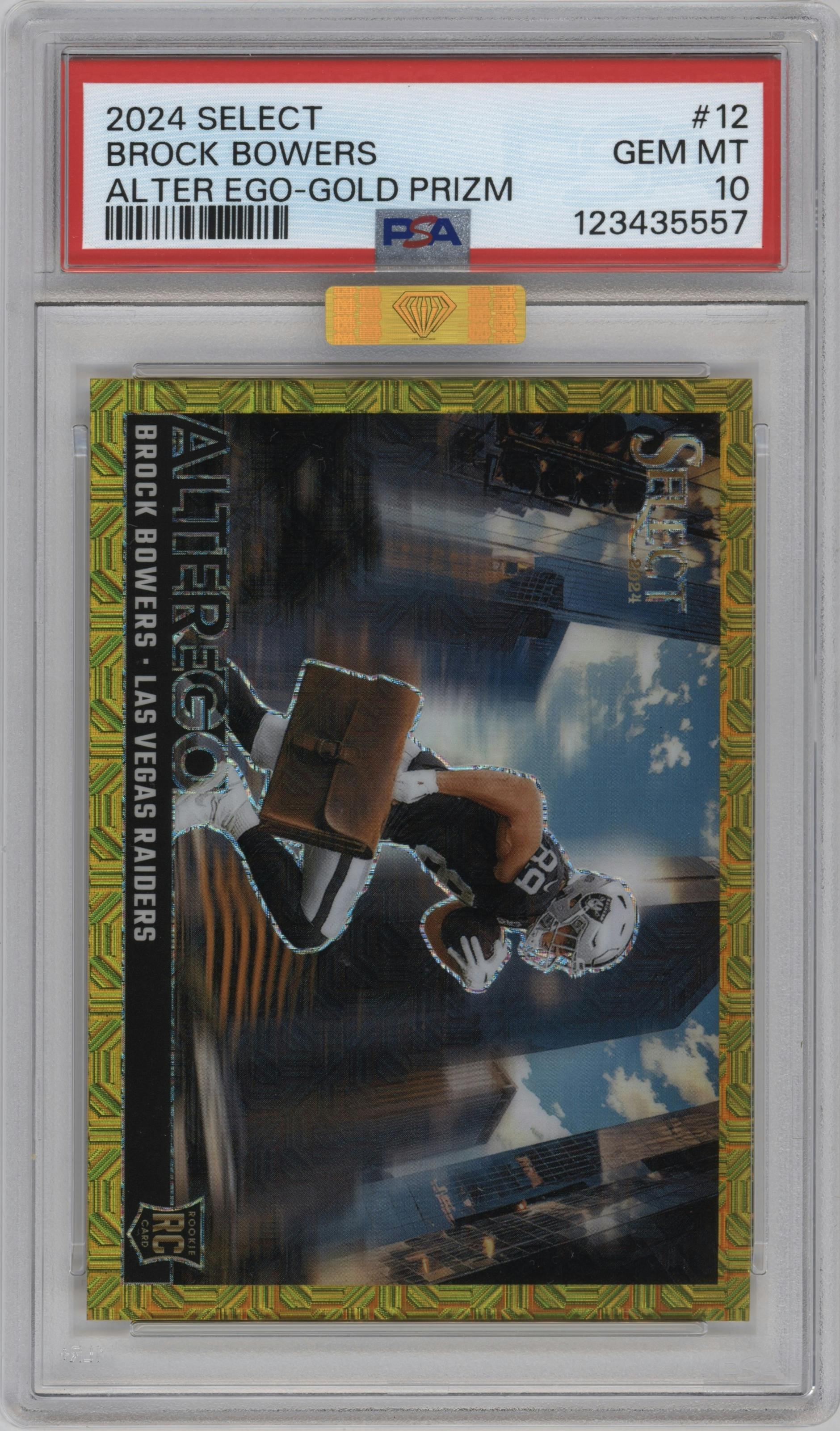 Brock Bowers from the 2024 Panini Select set featuring a Gold Prizm parallel graded by PSA and given an overall grade of 10.