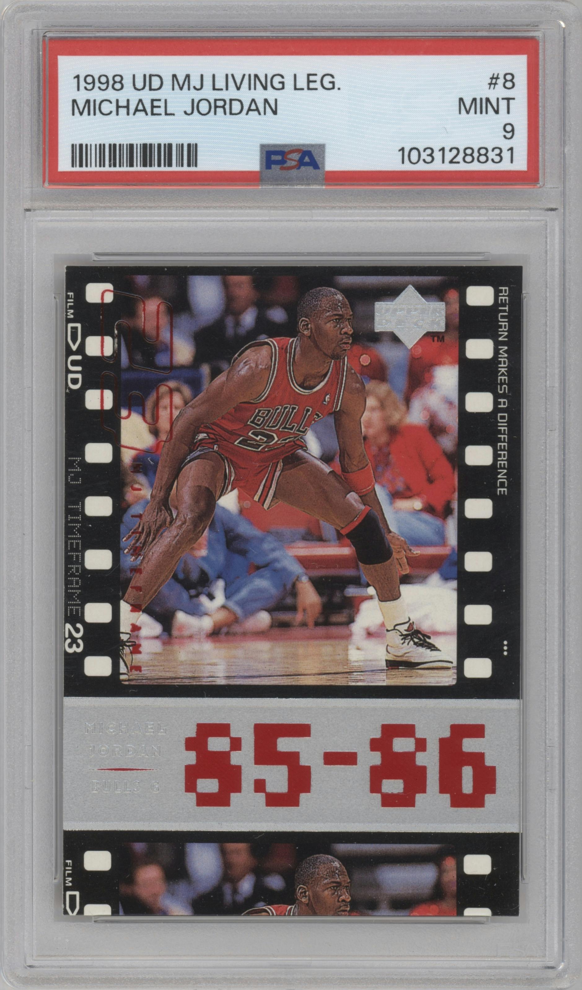 Michael Jordan from the 1998-99 Upper Deck Michael Jordan Living Legend set graded by PSA and given an overall grade of 9.