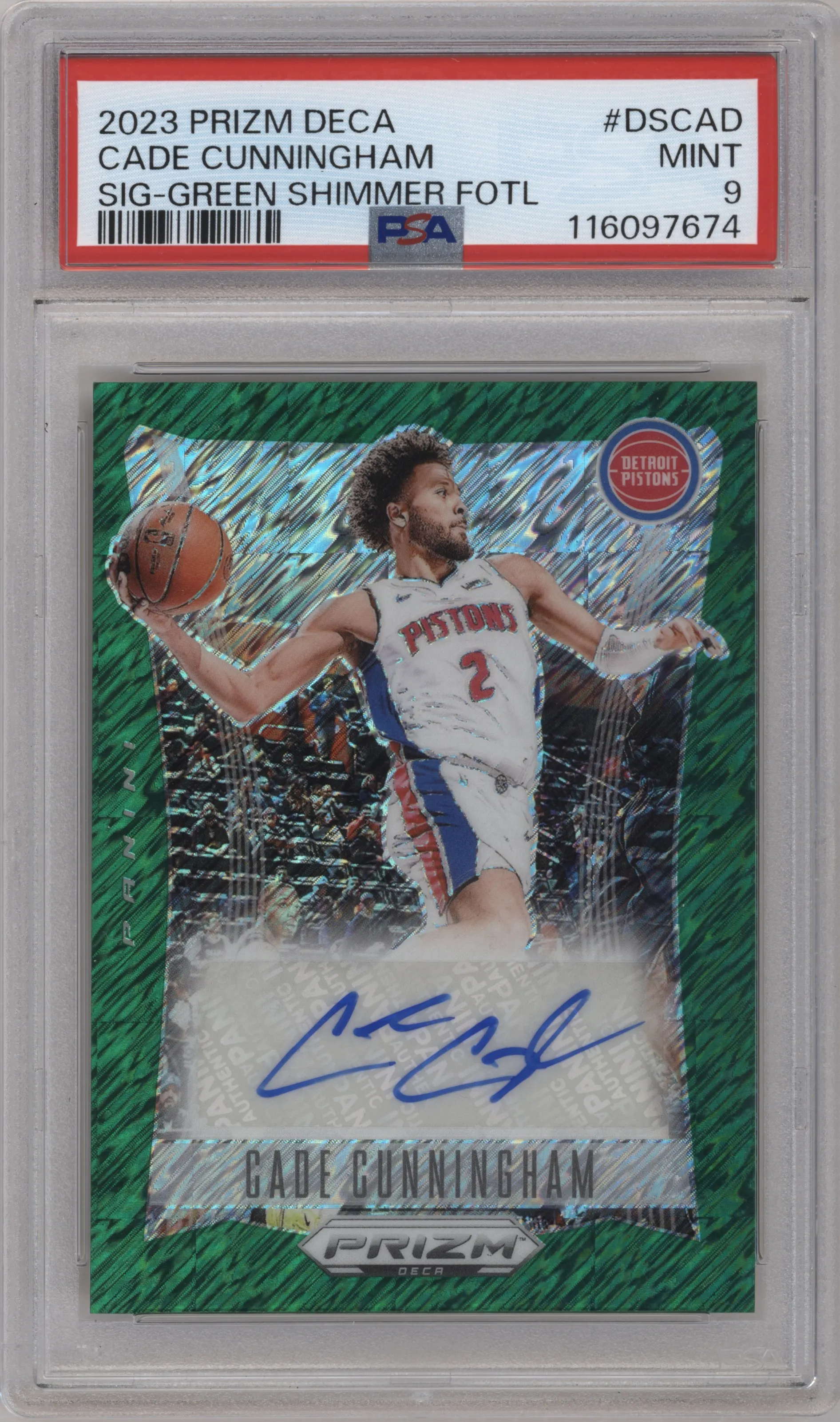 2023 Panini Prizm Deca Sig. Cade Cunningham FOTL Green Shimmer PSA 9