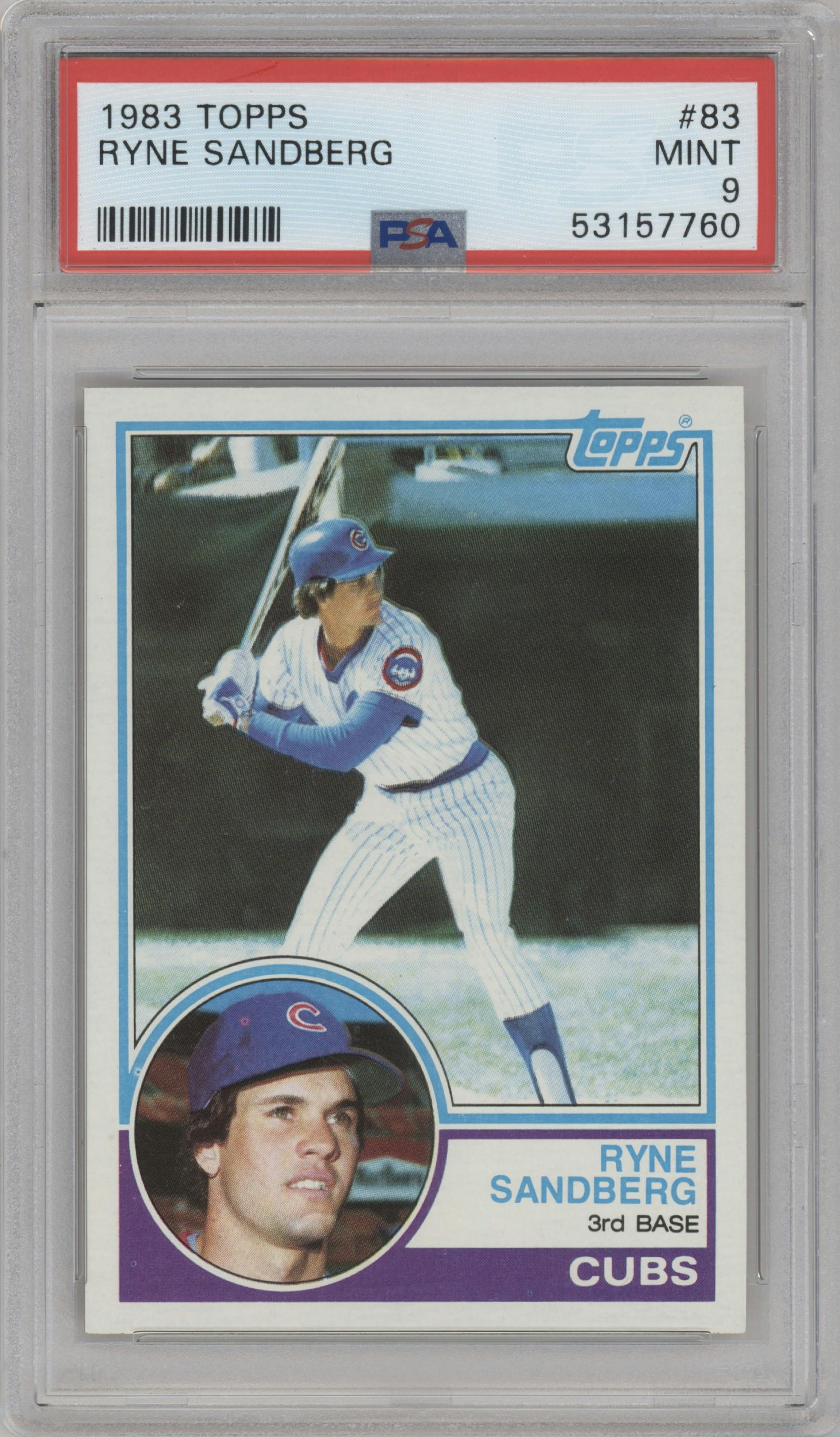 Ryne Sandberg from the 1983 Topps set graded by PSA and given an overall grade of 9.