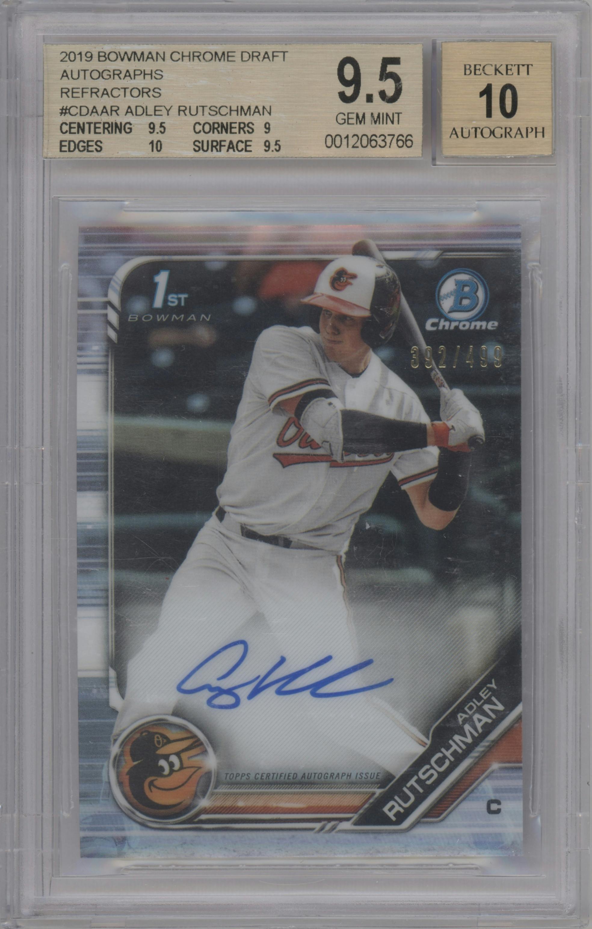 Adley Rutschman from the 2019 Bowman Draft set featuring a Refractor parallel graded by Beckett and given an overall grade of 9.5.