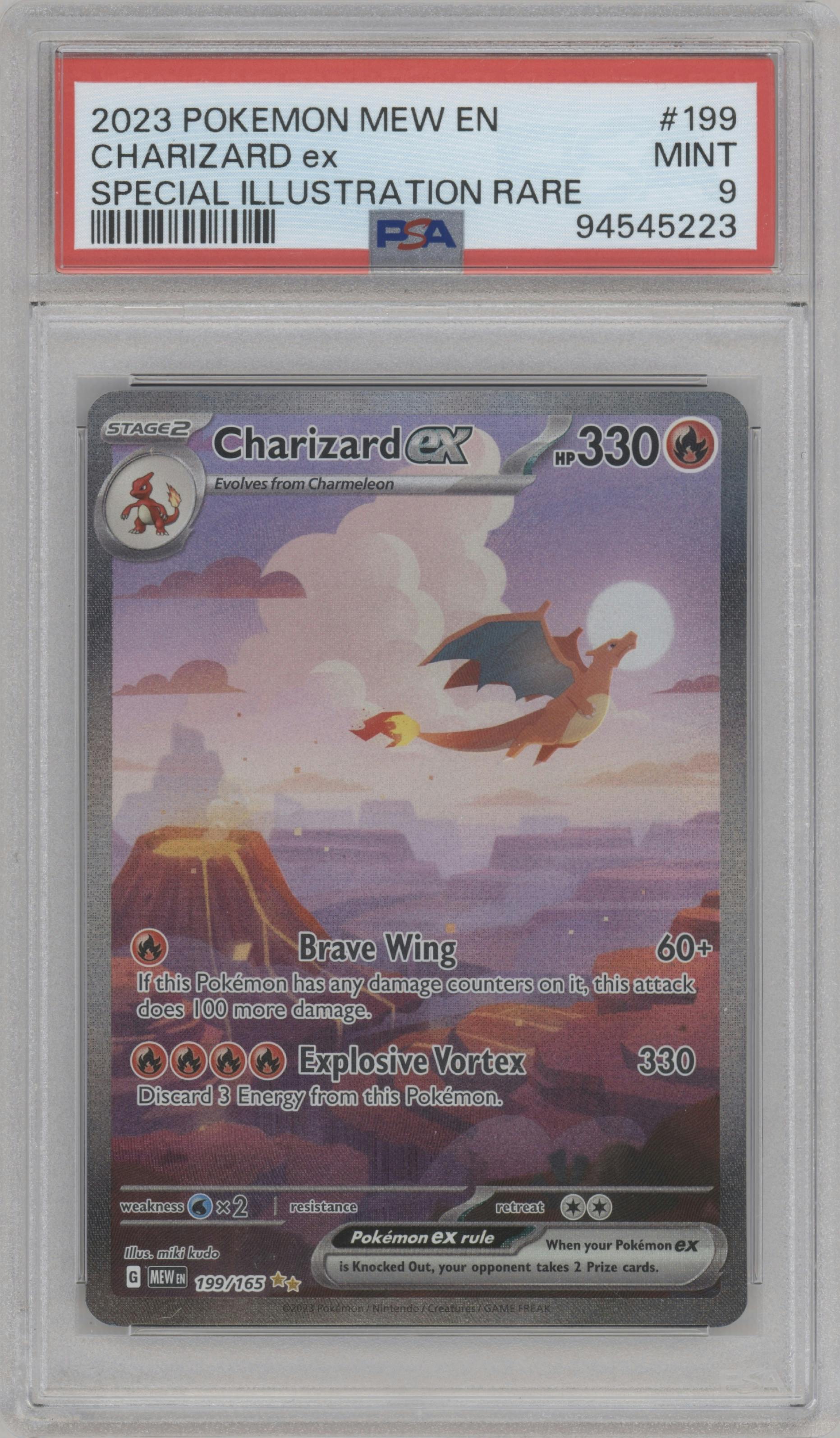 Charizard ex from the 2023 Pokemon SV set graded by PSA and given an overall grade of 9.