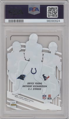 Bryce Young/ C.J. Stroud/Anthony Richardson from the 2023 Clearly Donruss set graded by PSA and given an overall grade of 10.