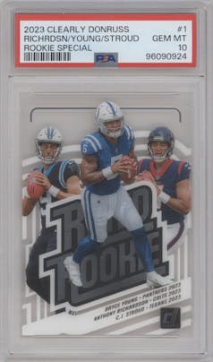 Bryce Young/ C.J. Stroud/Anthony Richardson from the 2023 Clearly Donruss set graded by PSA and given an overall grade of 10.