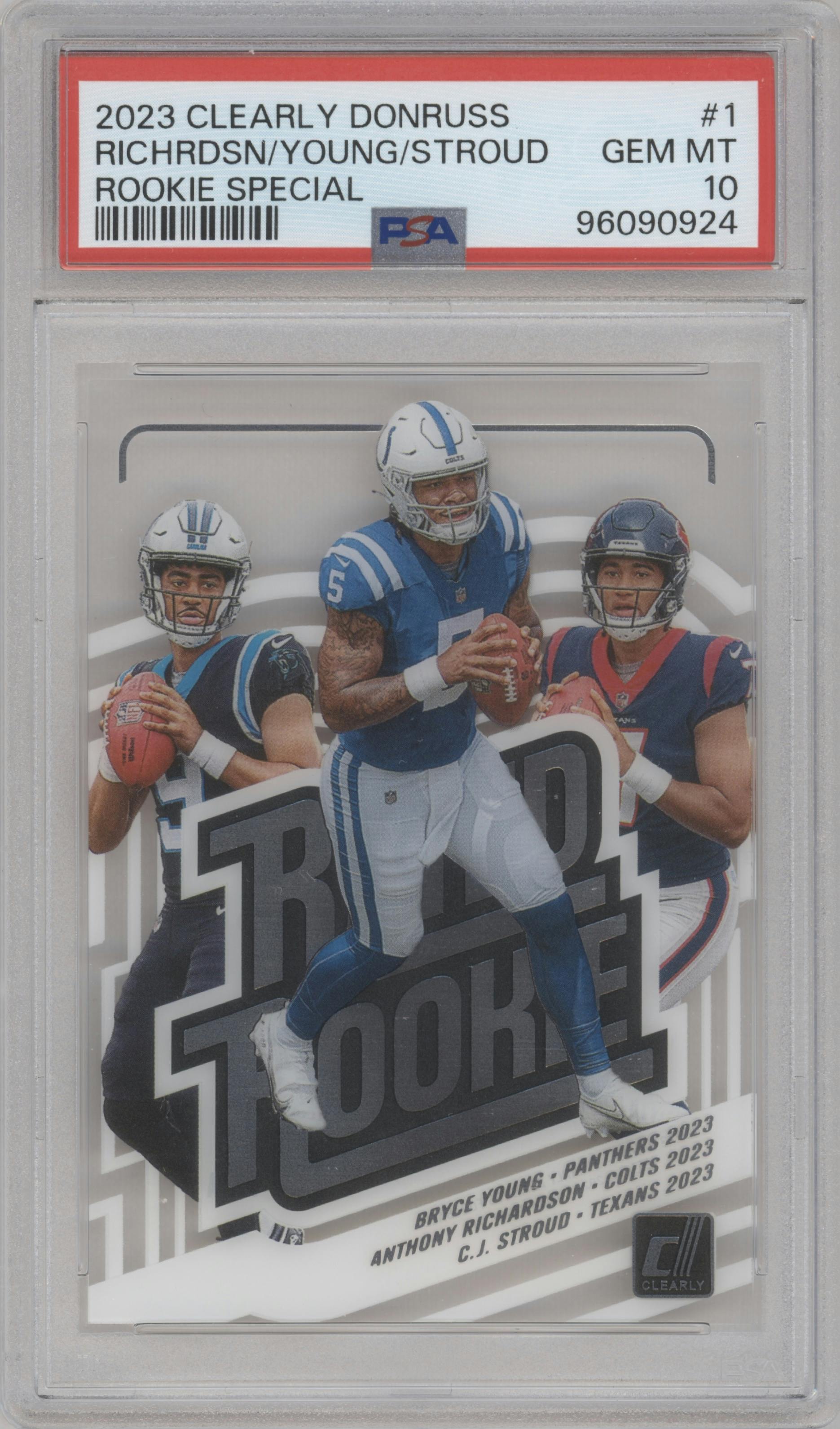 Bryce Young/ C.J. Stroud/Anthony Richardson from the 2023 Clearly Donruss set graded by PSA and given an overall grade of 10.