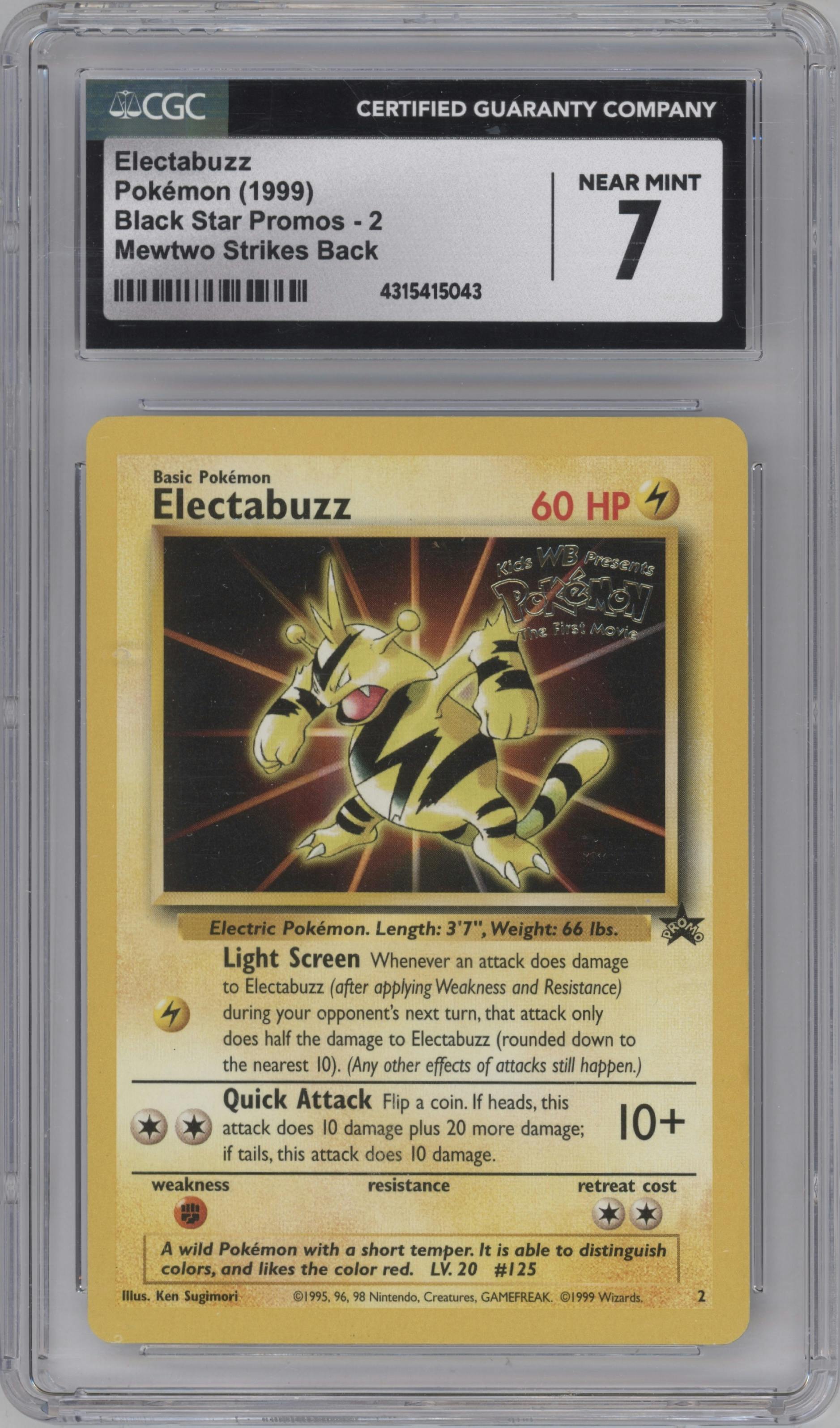 Electabuzz from the 1999 Pokemon set featuring a Mewtwo Strikes Back Theatrical Release parallel graded by CSG and given an overall grade of 7.