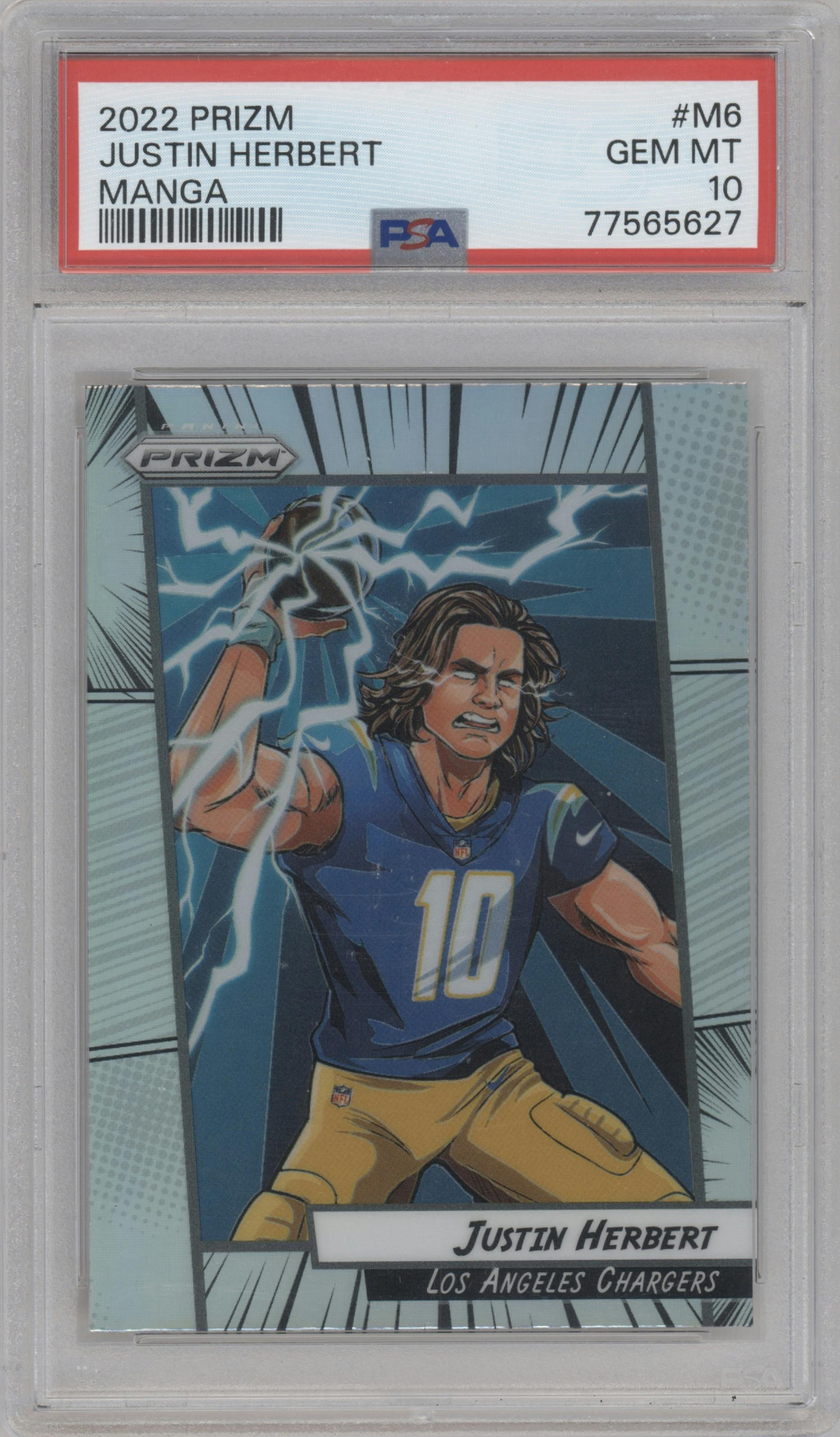 Justin Herbert from the 2022 Panini Prizm set graded by PSA and given an overall grade of 10.