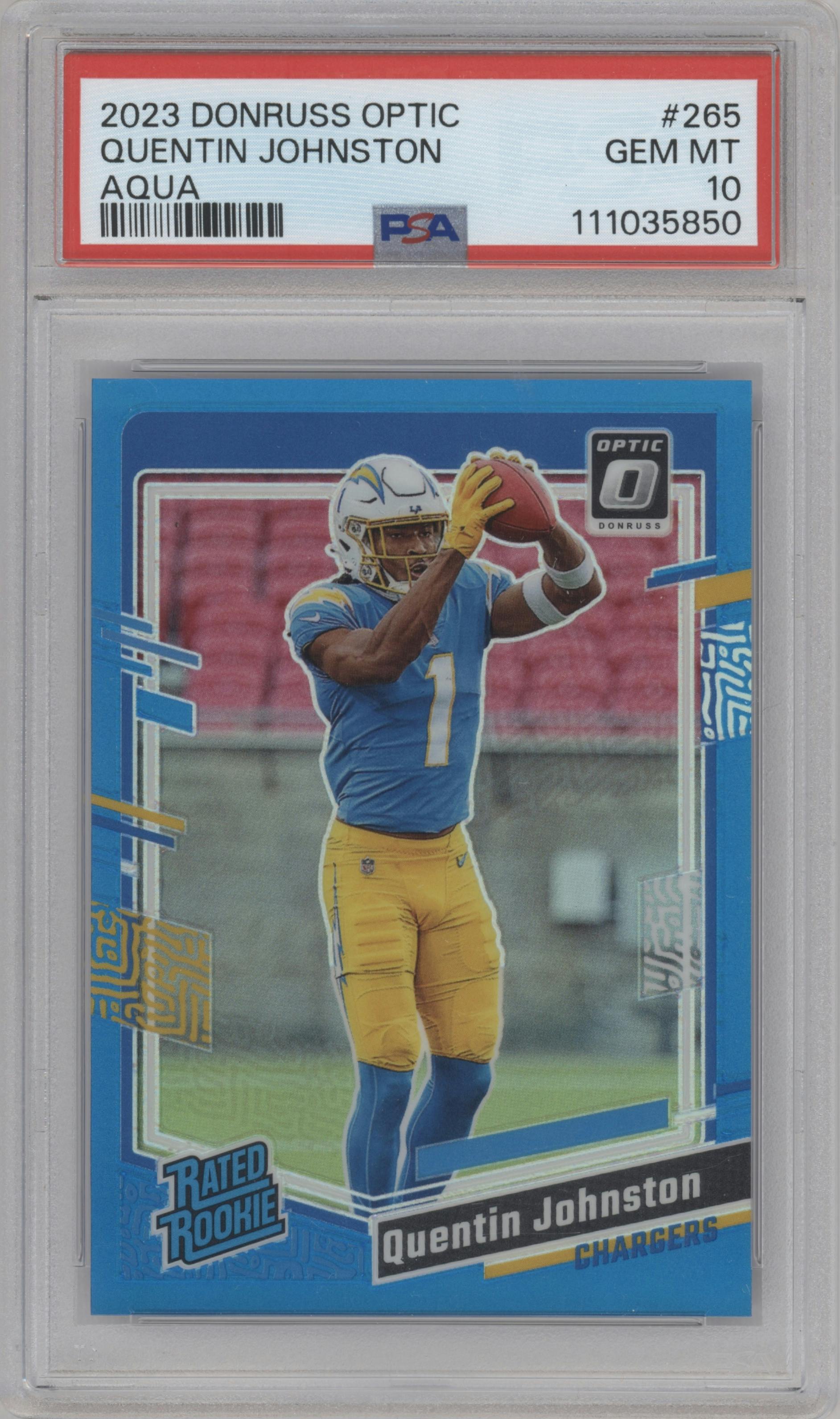 Quentin Johnston from the 2023 Donruss Optic set featuring a Aqua parallel graded by PSA and given an overall grade of 10.