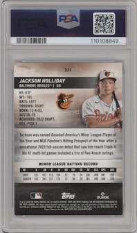 Jackson Holliday from the 2024 Topps Stadium Club set featuring a Pink Foil parallel graded by PSA and given an overall grade of 8.