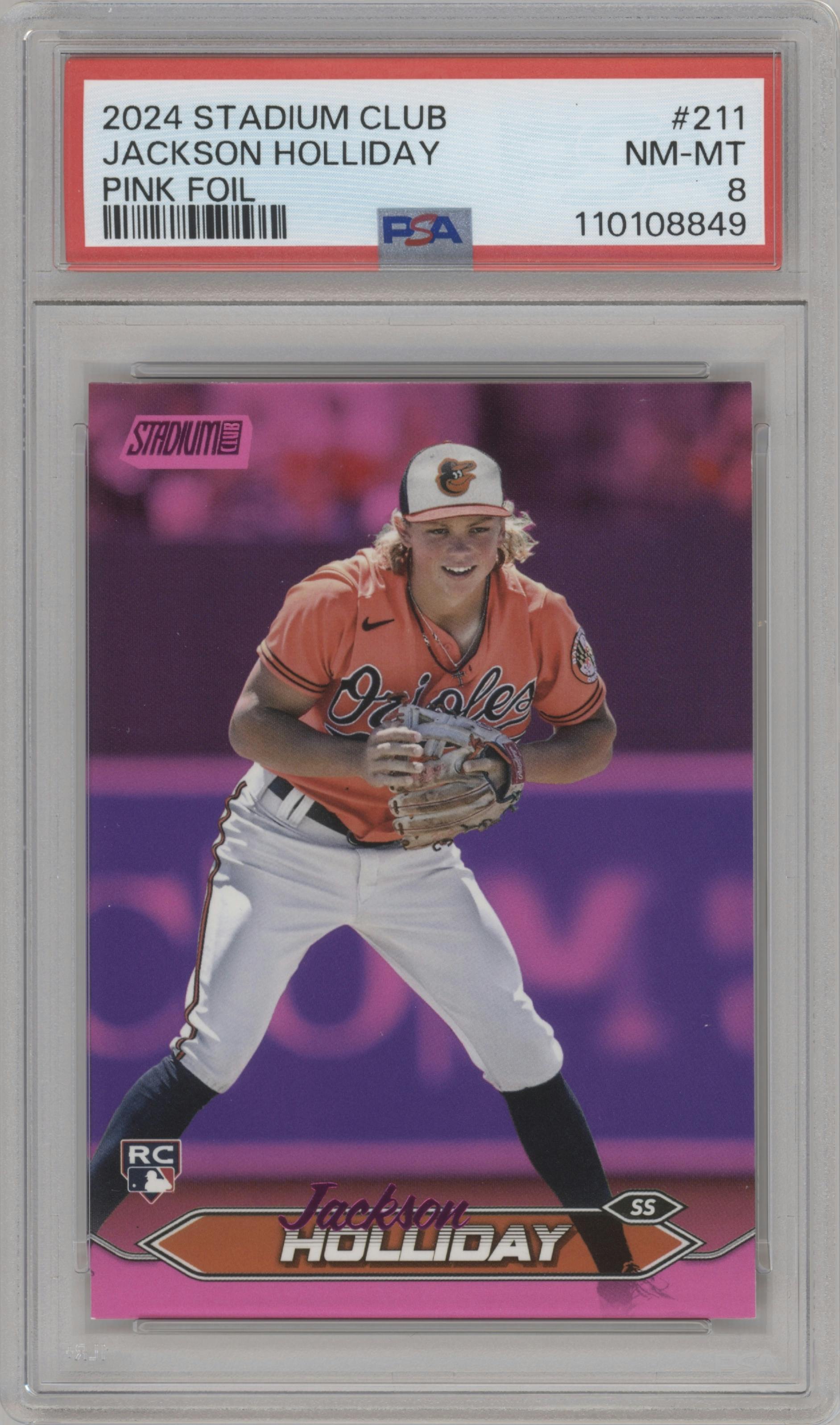 Jackson Holliday from the 2024 Topps Stadium Club set featuring a Pink Foil parallel graded by PSA and given an overall grade of 8.