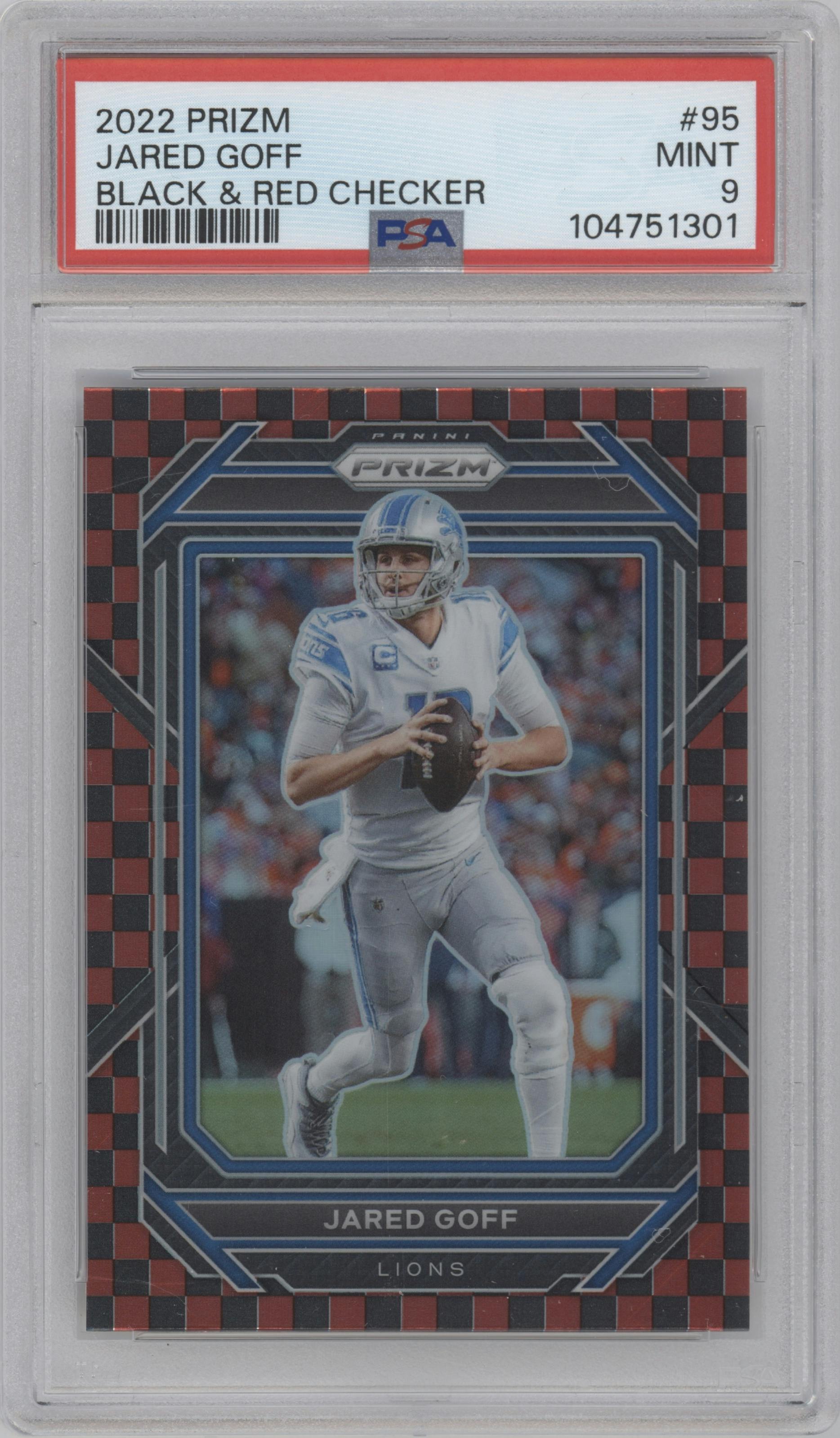 Jared Goff from the 2022 Panini Prizm set featuring a Black & Red Checker parallel graded by PSA and given an overall grade of 9.