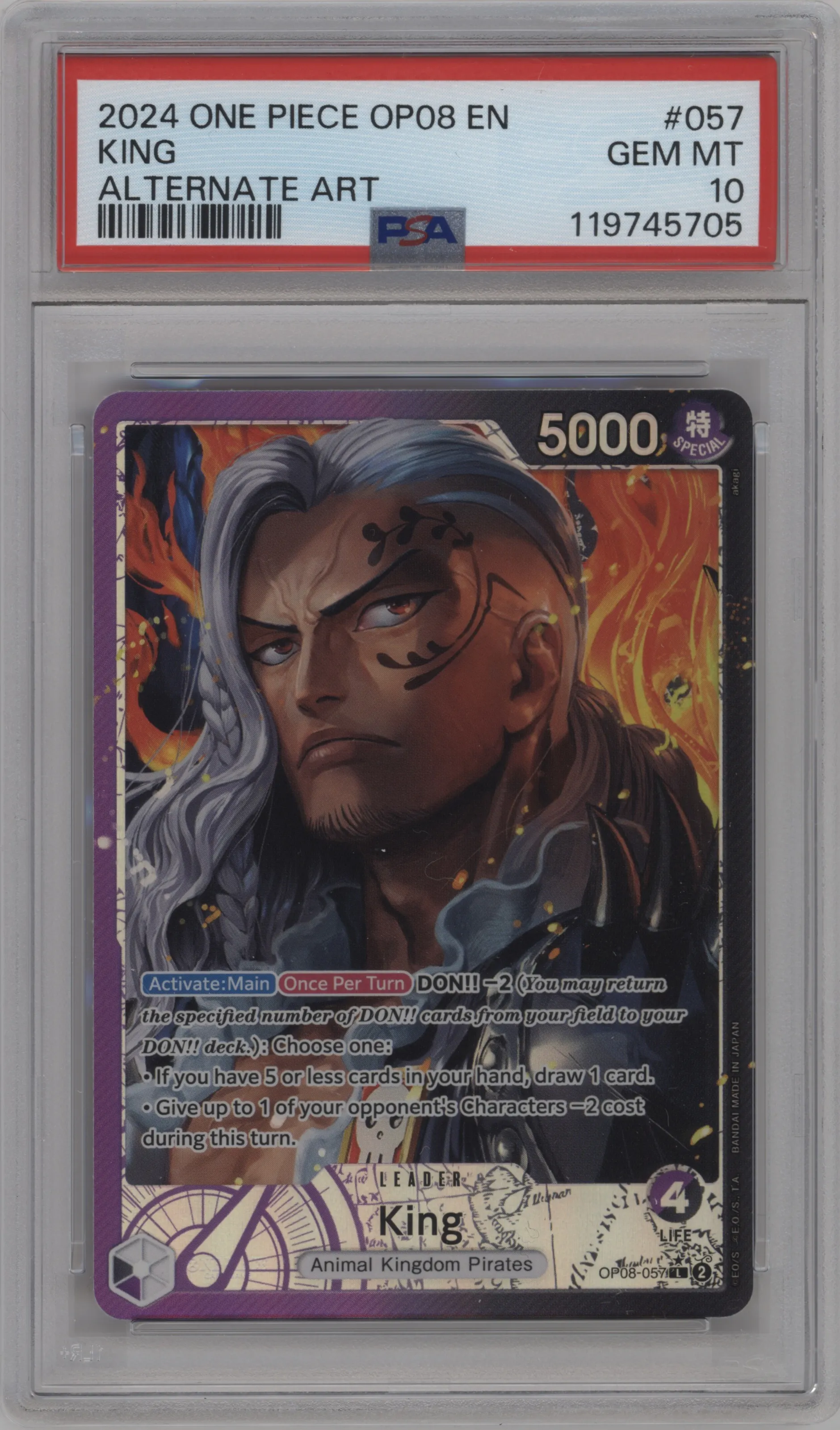 King from the 2024 One Piece set featuring a Alternate Art parallel graded by PSA and given an overall grade of 10.
