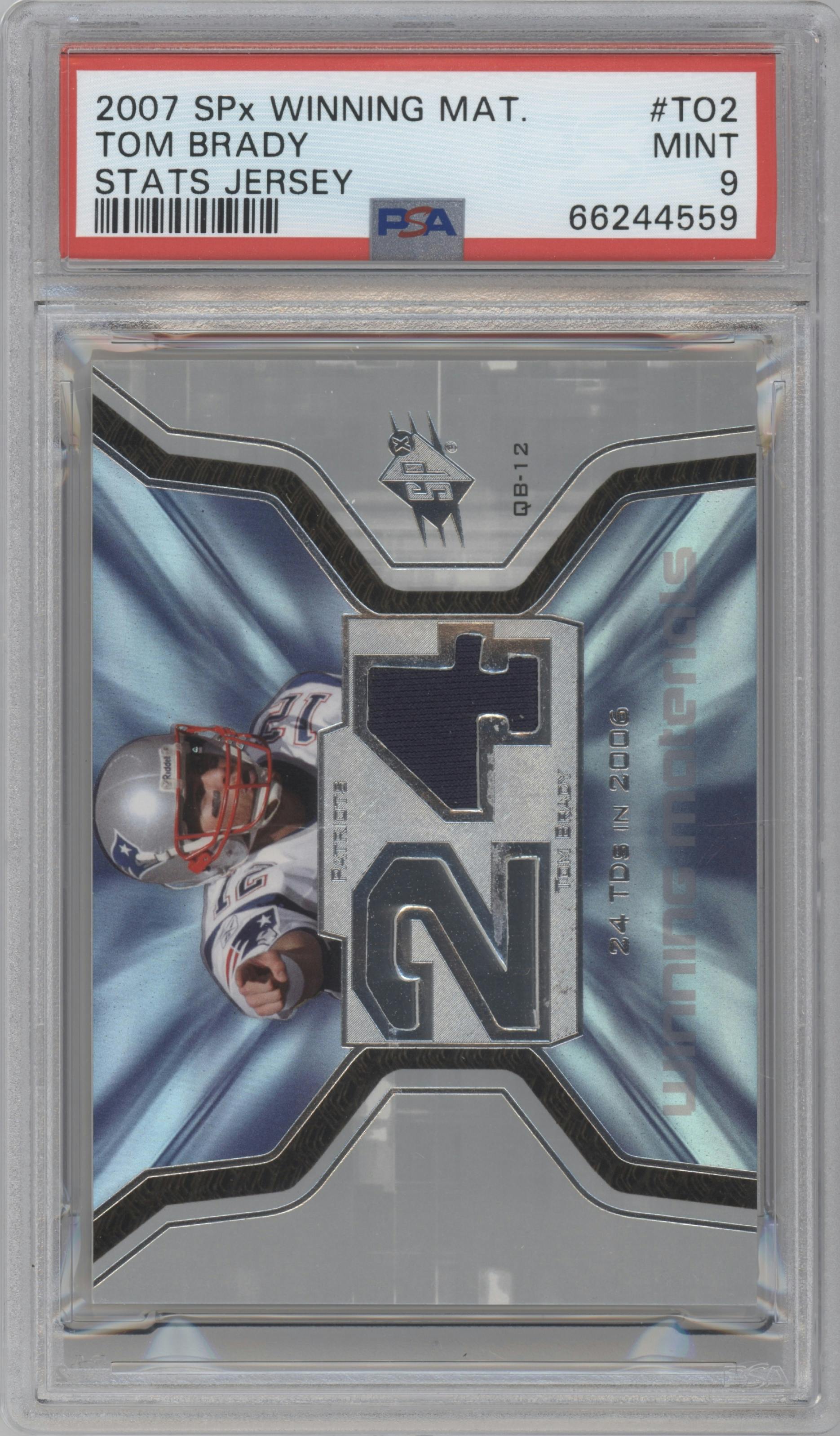 Tom Brady from the 2007 SPx set graded by PSA and given an overall grade of 9.