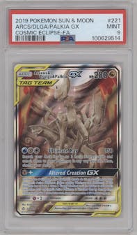 Arceus/Dialga/Palkia GX from the 2019 Pokemon S&M  set graded by PSA and given an overall grade of 9.