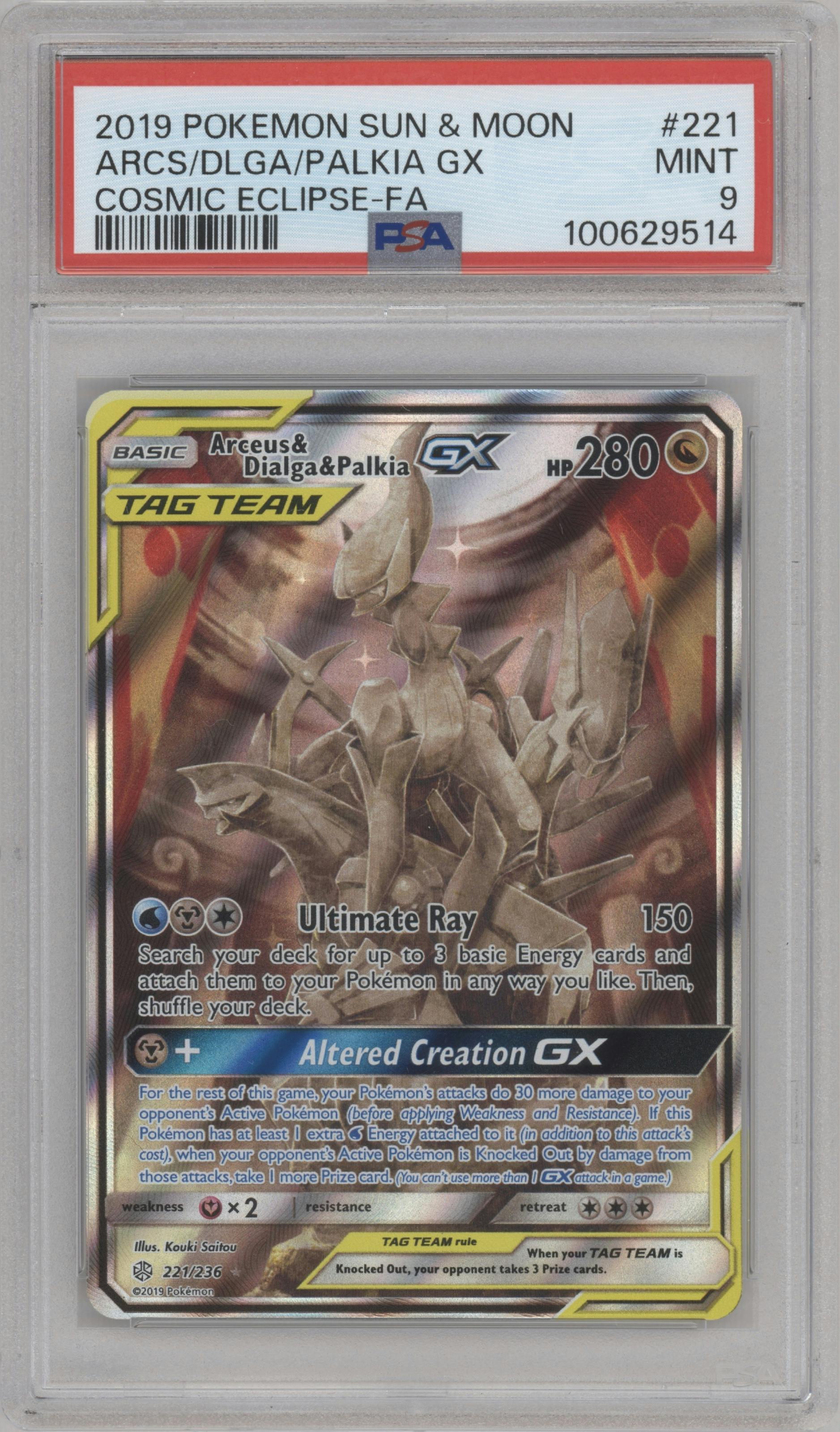 Arceus/Dialga/Palkia GX from the 2019 Pokemon S&M  set graded by PSA and given an overall grade of 9.