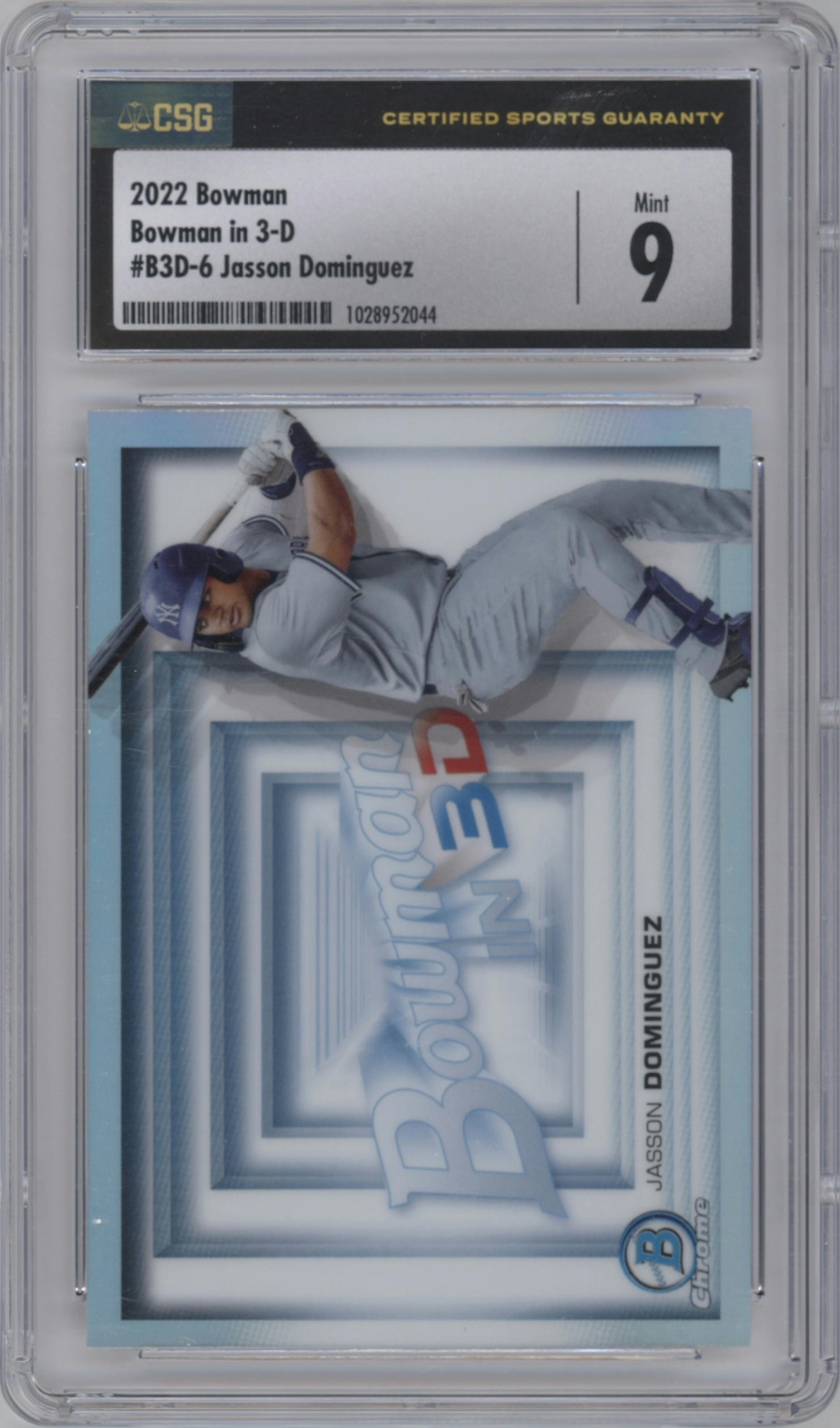 Jasson Dominguez from the 2022 Bowman set graded by CSG and given an overall grade of 9.