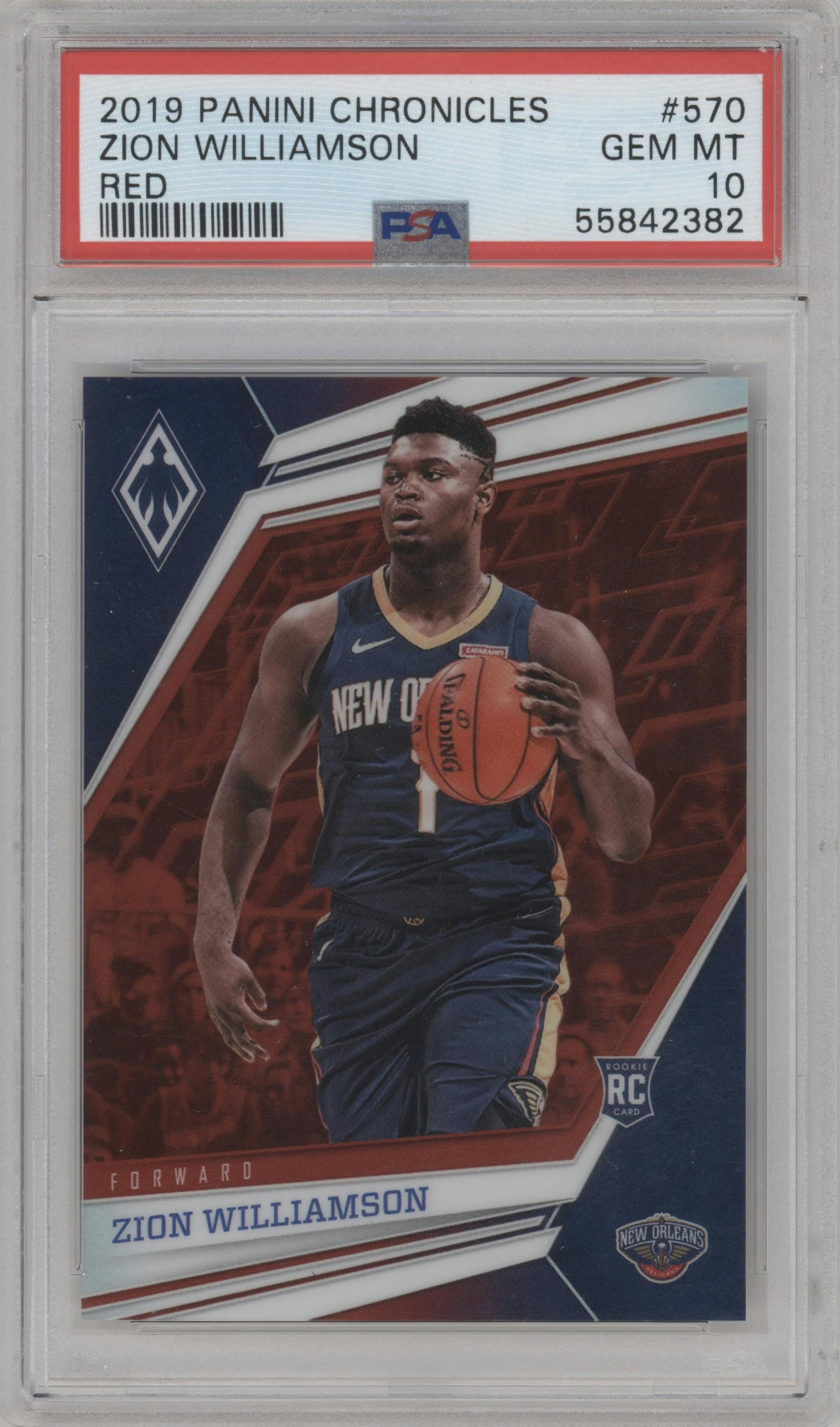 Zion Williamson from the 2019-20 Panini Chronicles  set featuring a Red parallel graded by PSA and given an overall grade of 10.