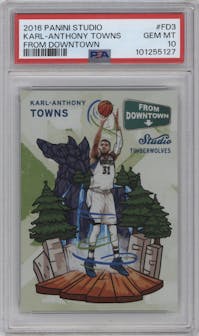 Karl-Anthony Towns from the 2016-17 Panini Studio set graded by PSA and given an overall grade of 10.
