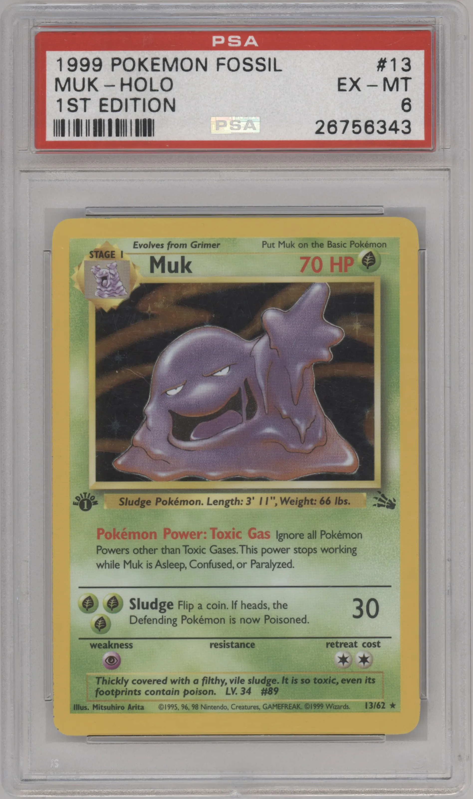 Muk from the 1999 Pokemon set graded by PSA and given an overall grade of 6.