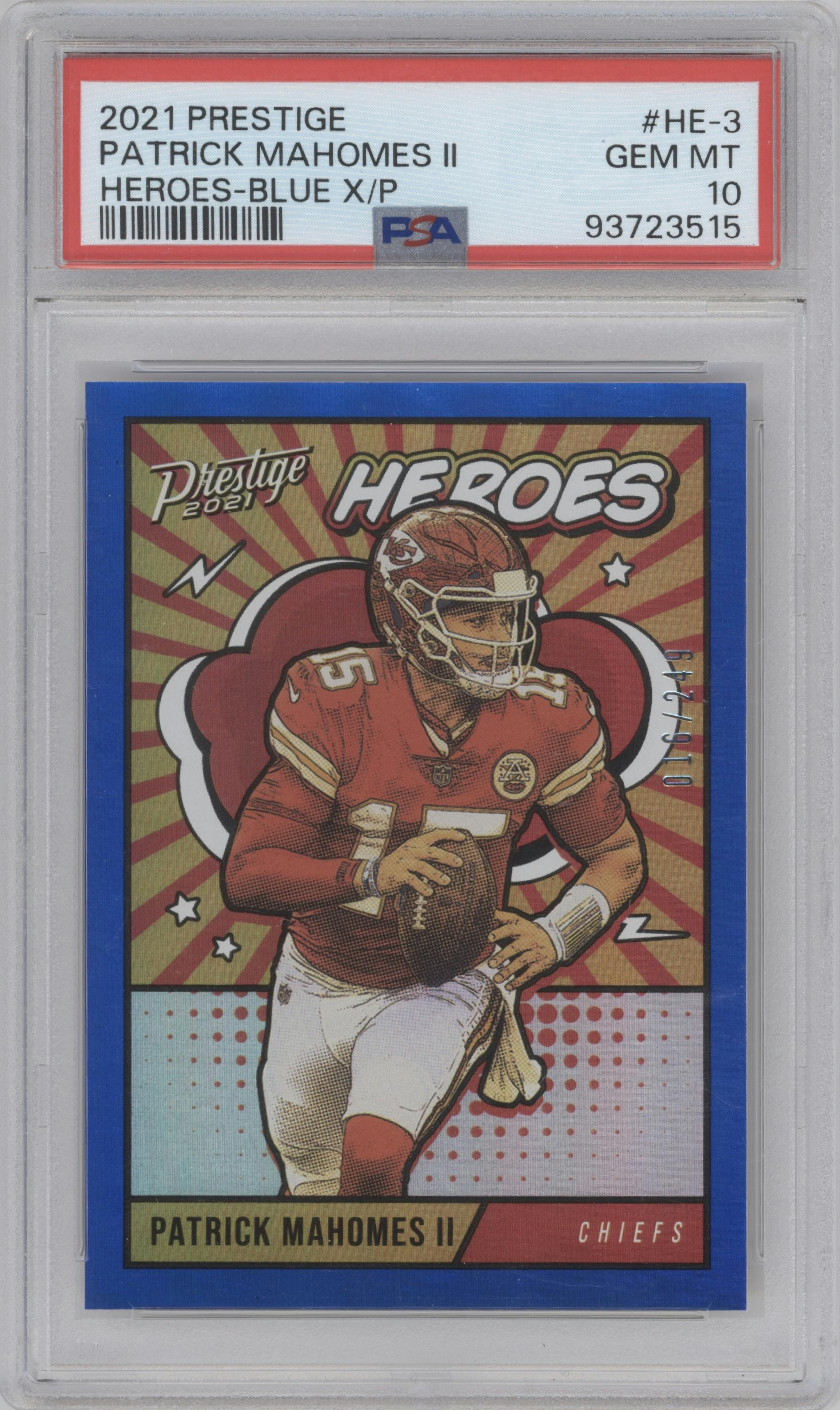 Patrick Mahomes II from the 2021 Panini Prestige set featuring a Xtra Points Blue parallel graded by PSA and given an overall grade of 10.