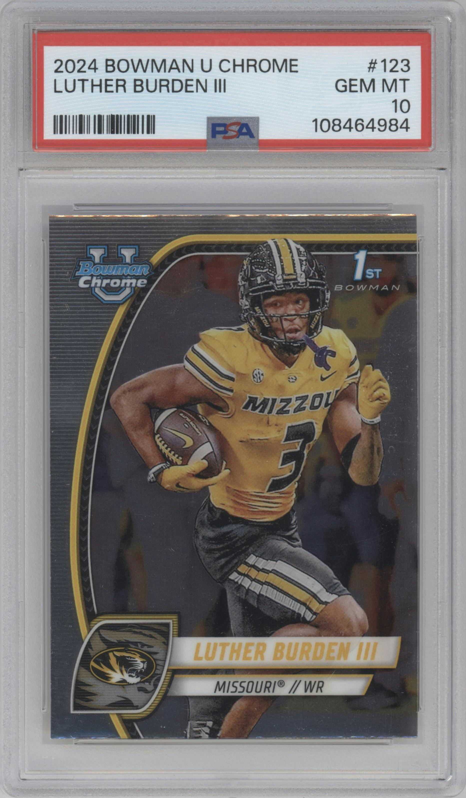 Luther Burden III from the 2024 Bowman University Chrome set graded by PSA and given an overall grade of 10.