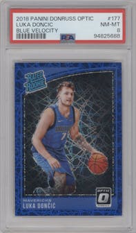 Luka Doncic from the 2018-19 Panini Donruss Optic set featuring a Blue Velocity parallel graded by PSA and given an overall grade of 8.