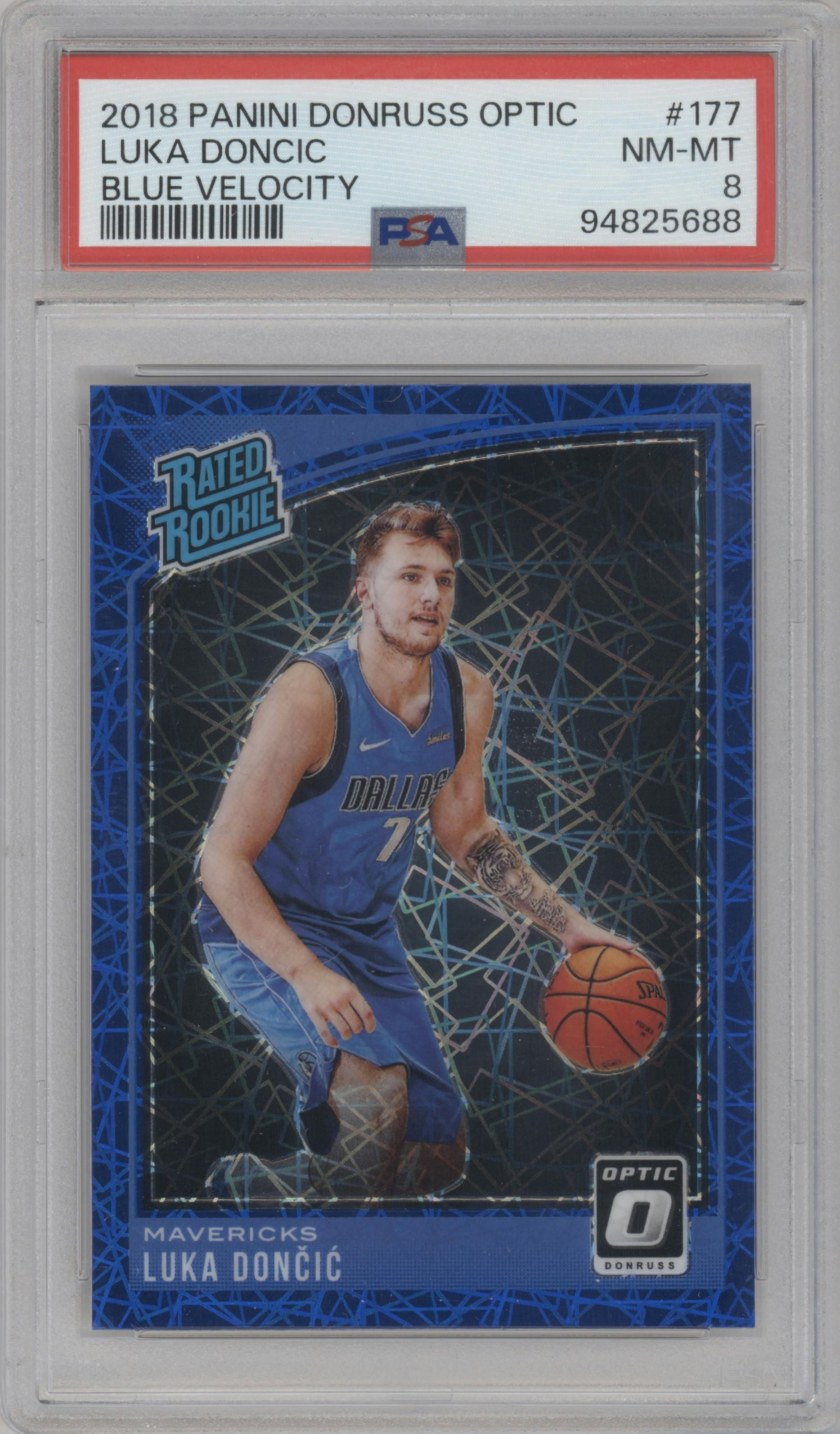 Luka Doncic from the 2018-19 Panini Donruss Optic set featuring a Blue Velocity parallel graded by PSA and given an overall grade of 8.