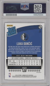 Luka Doncic from the 2018-19 Panini Donruss Optic set featuring a Blue Velocity parallel graded by PSA and given an overall grade of 8.