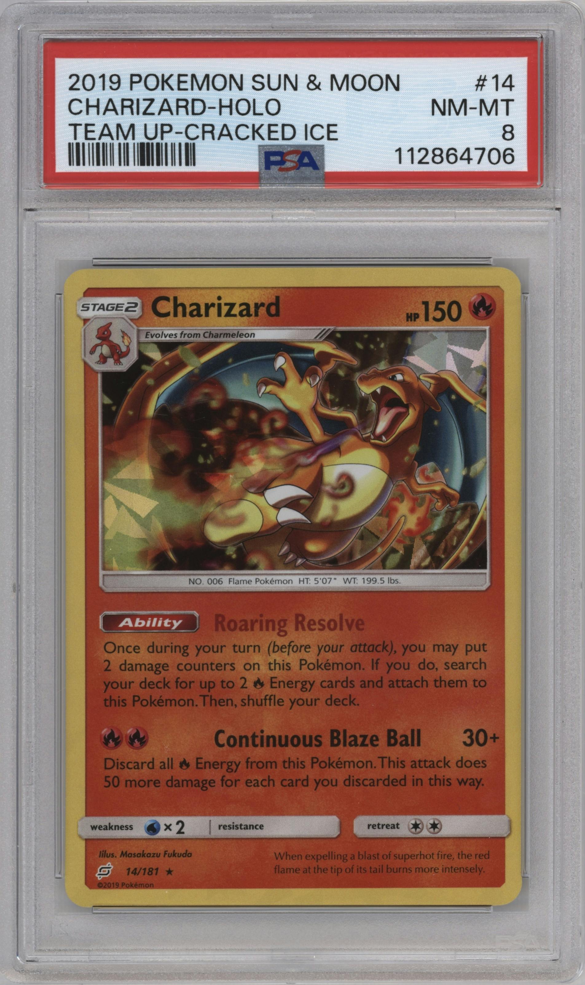 Charizard from the 2019 Pokemon S&M  set graded by PSA and given an overall grade of 8.