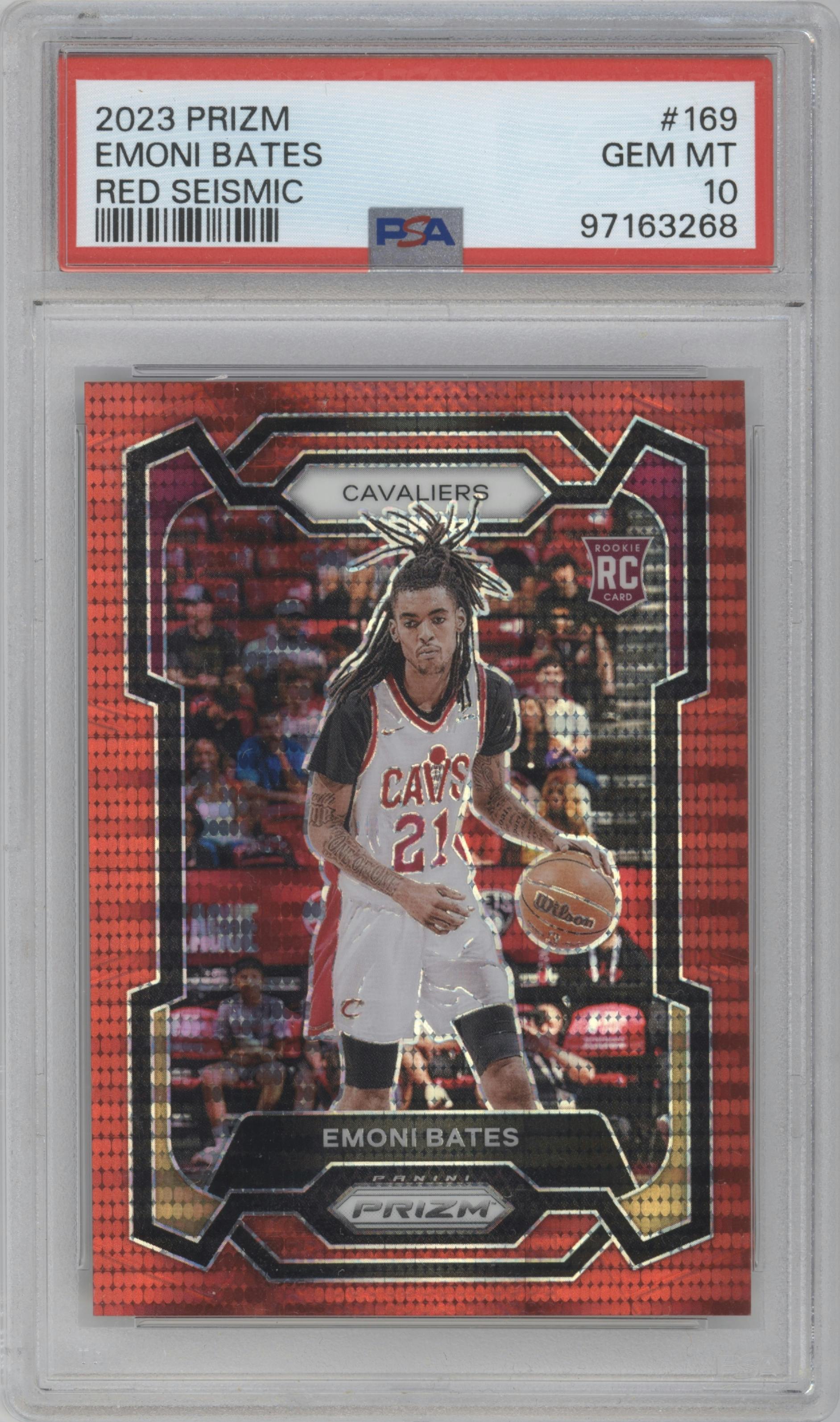 Emoni Bates from the 2023-24 Panini Prizm set featuring a Red Seismic  parallel graded by PSA and given an overall grade of 10.