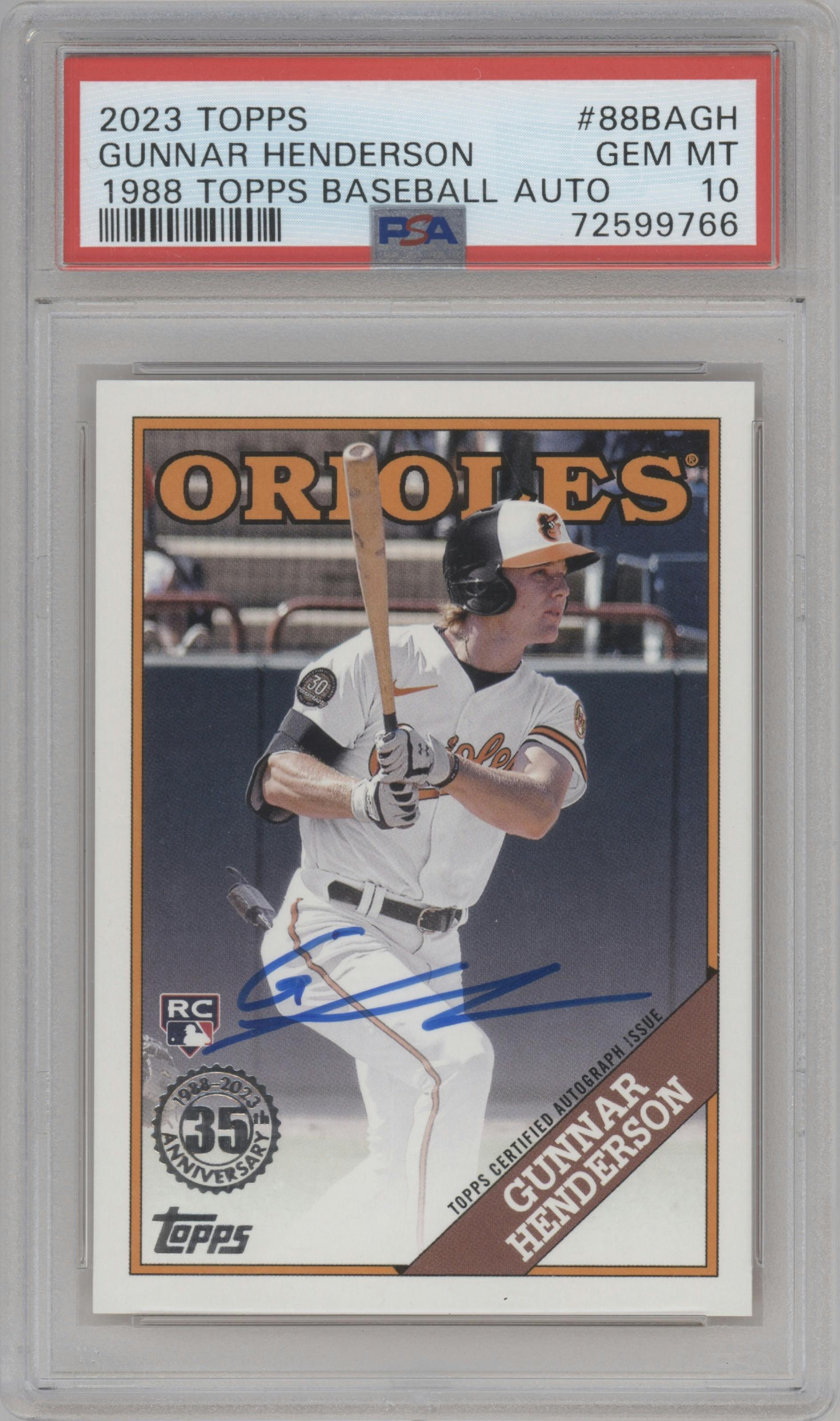 Gunnar Henderson from the 2023 Topps Series 1 set graded by PSA and given an overall grade of 10.