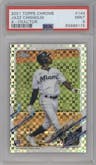 Jazz Chisholm from the 2021 Topps Chrome set featuring a X-Fractor parallel graded by PSA and given an overall grade of 9.