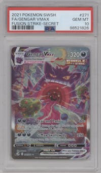Gengar VMAX from the 2021 Pokemon SWSH set graded by PSA and given an overall grade of 10.