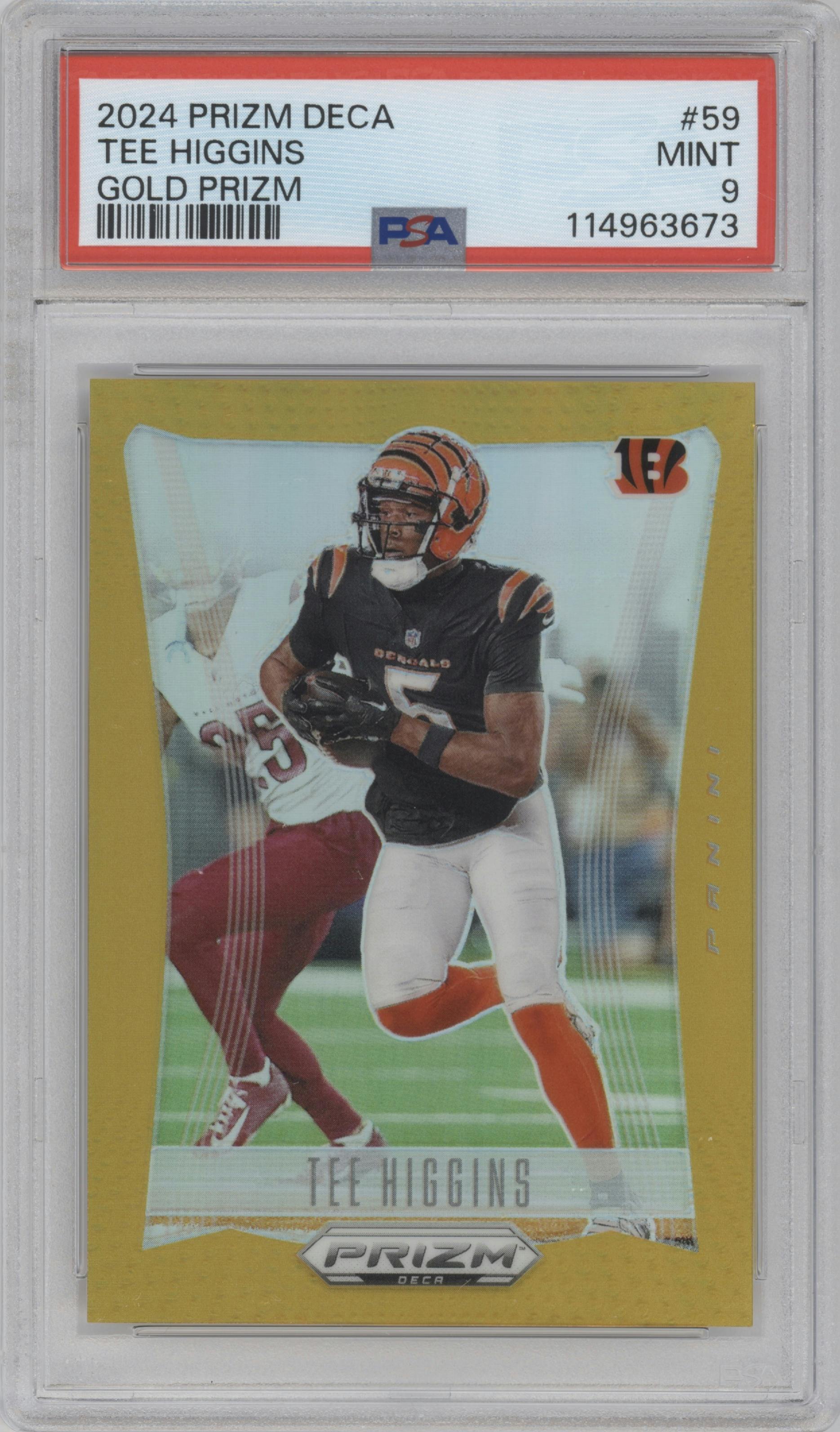 Tee Higgins from the 2024 Panini Prizm Deca set featuring a Gold Prizm parallel graded by PSA and given an overall grade of 9.