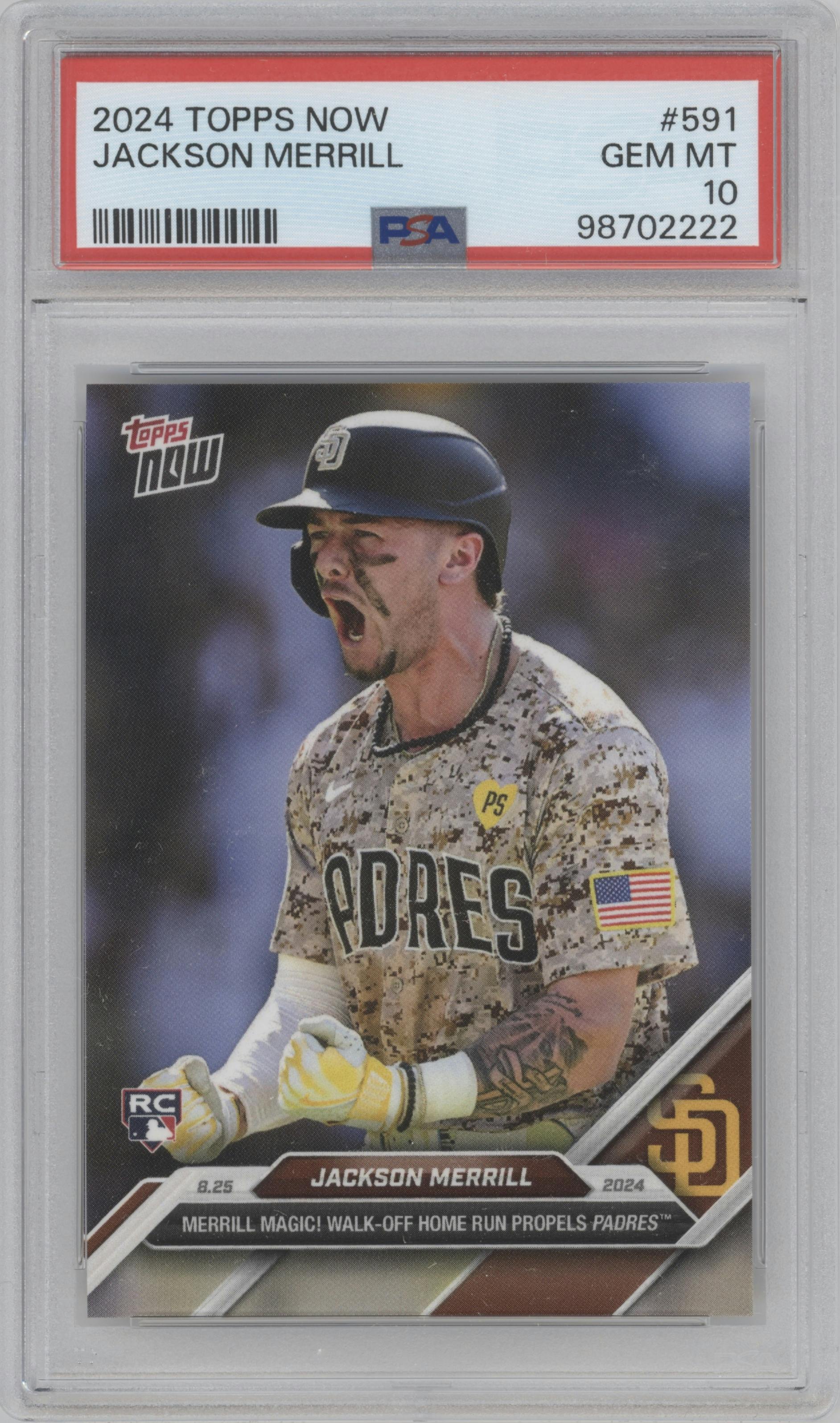Jackson Merrill  from the 2024 Topps Now set graded by PSA and given an overall grade of 10.