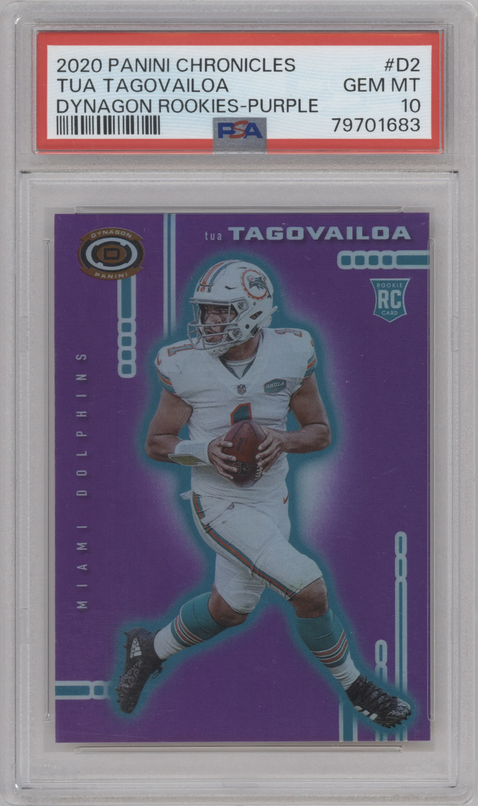 Tua Tagovailoa from the 2020 Panini Chronicles set featuring a Purple parallel graded by PSA and given an overall grade of 10.