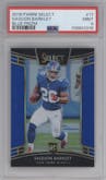 Saquon Barkley from the 2018 Panini Select set featuring a Blue Prizm parallel graded by PSA and given an overall grade of 9.