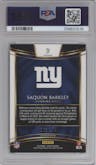 Saquon Barkley from the 2018 Panini Select set featuring a Blue Prizm parallel graded by PSA and given an overall grade of 9.