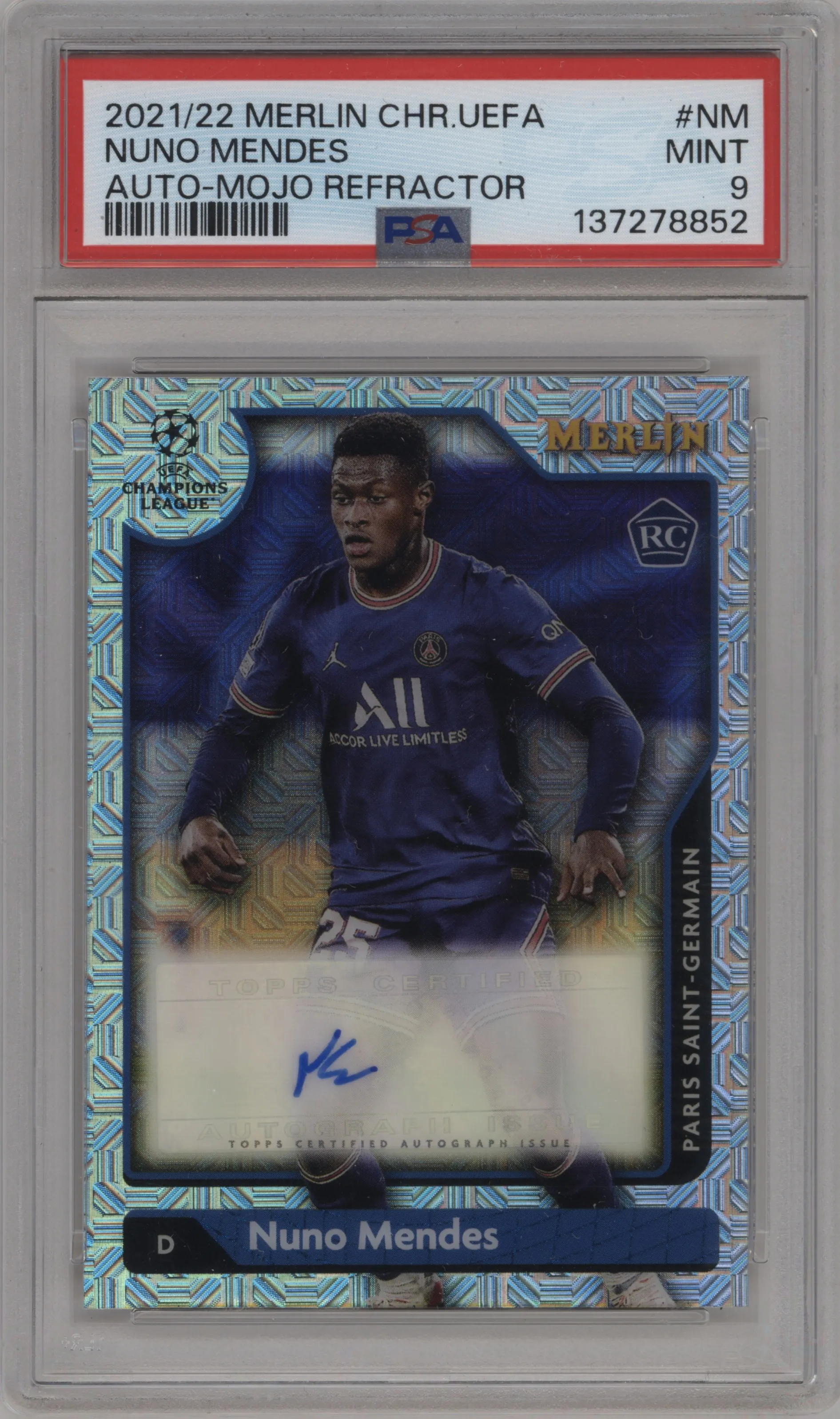 2021 Topps Merlin Chrome UEFA League Auto Nuno Mendes Mojo Refractor PSA 9