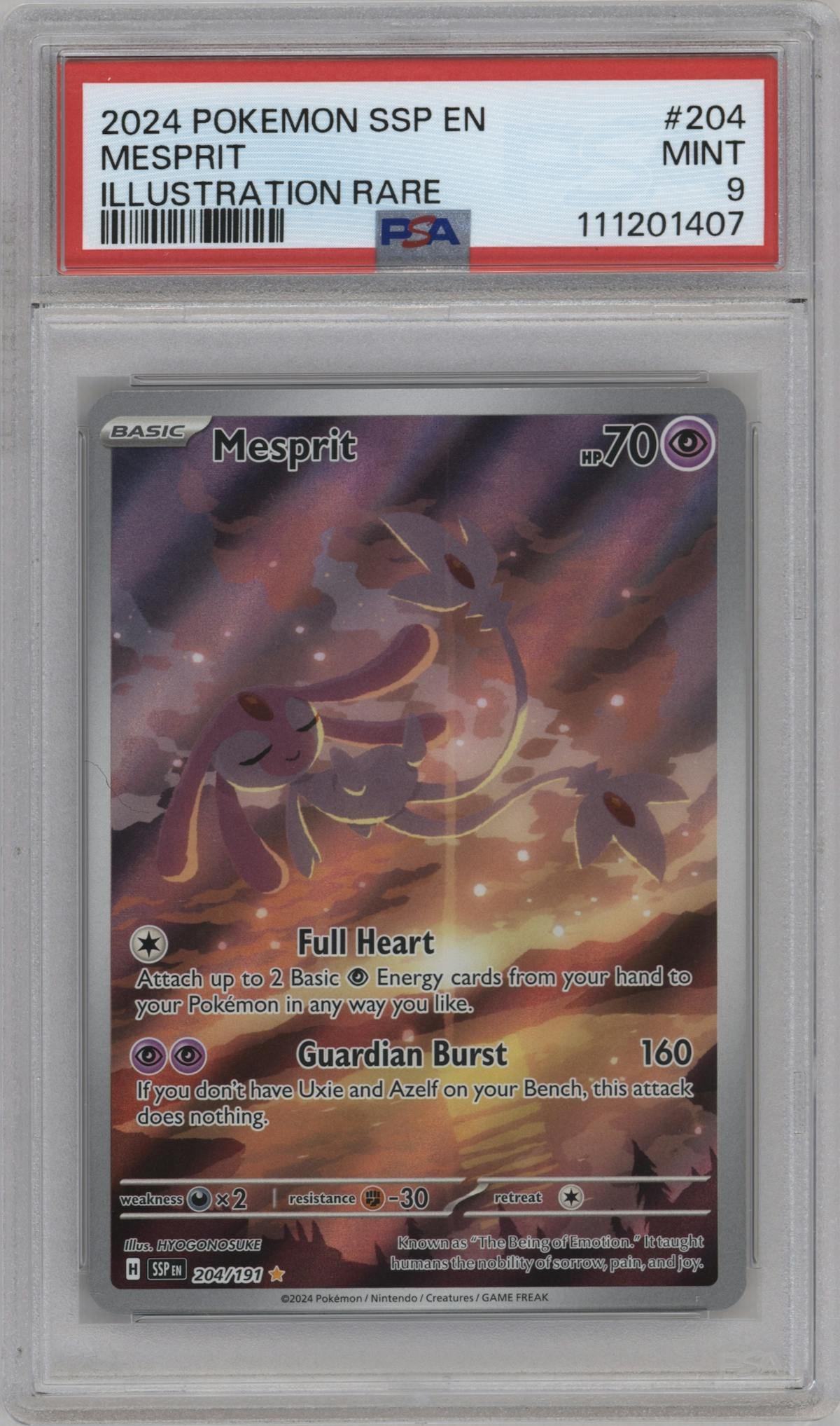 Mesprit from the 2024 Pokemon SV set graded by PSA and given an overall grade of 9.