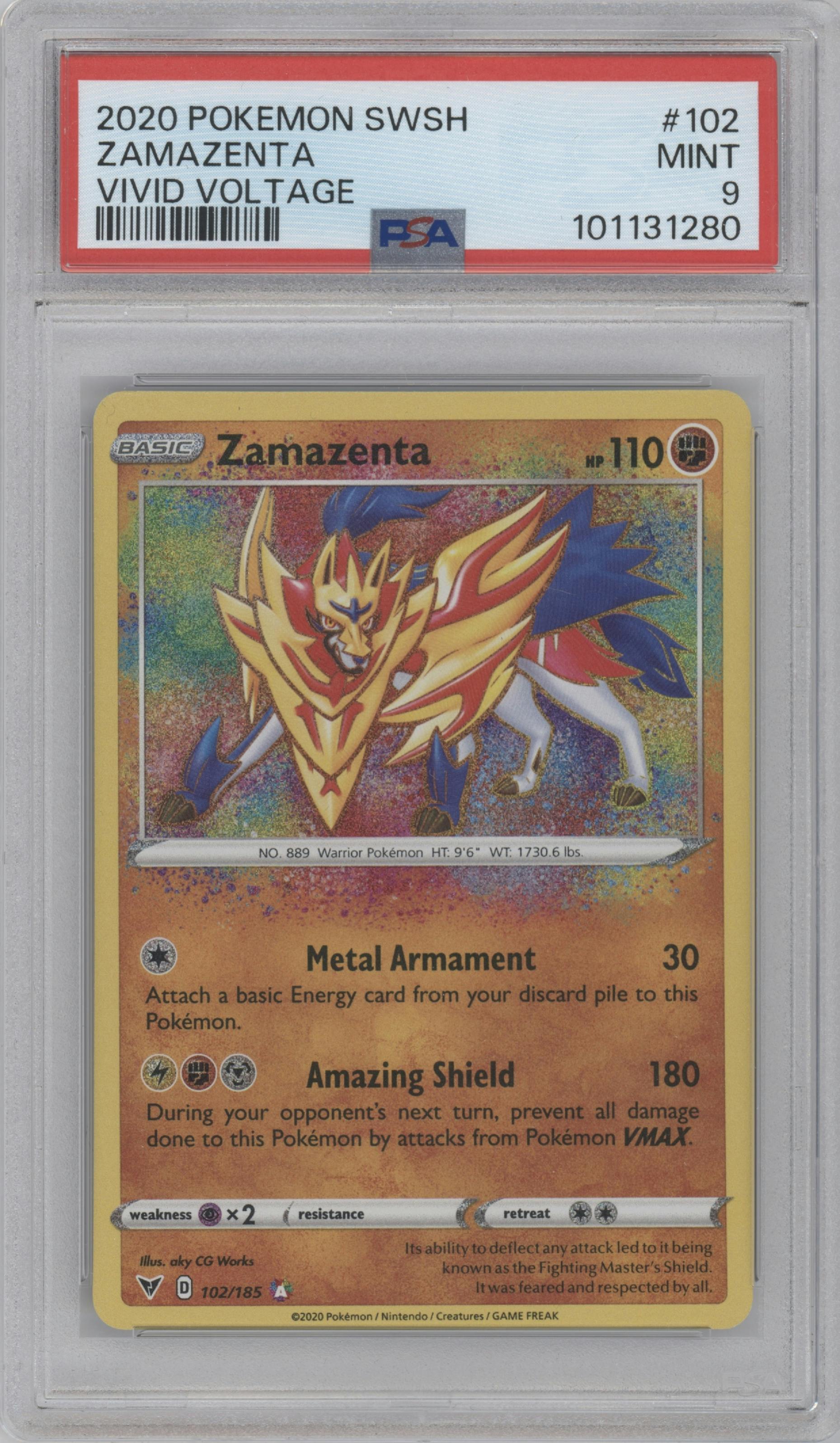 Zamazenta from the 2020 Pokemon SWSH set graded by PSA and given an overall grade of 9.