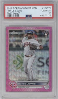 Royce Lewis from the 2022 Topps Chrome Update set featuring a Pink Wave Refractor parallel graded by PSA and given an overall grade of 10.