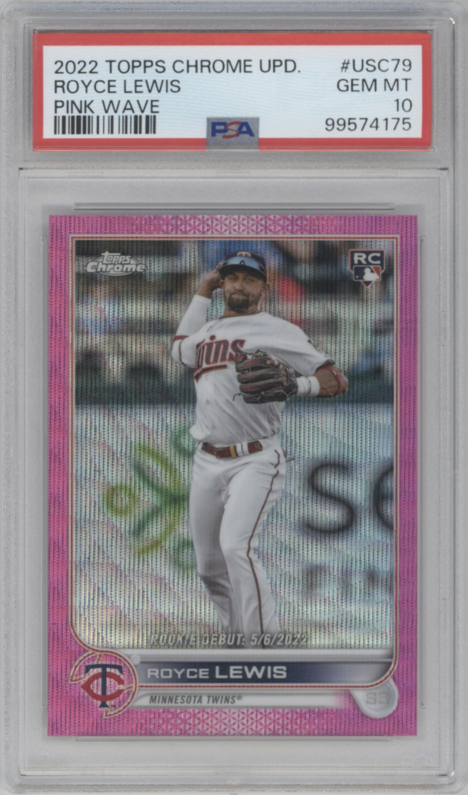 Royce Lewis from the 2022 Topps Chrome Update set featuring a Pink Wave Refractor parallel graded by PSA and given an overall grade of 10.