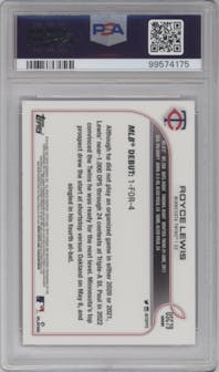 Royce Lewis from the 2022 Topps Chrome Update set featuring a Pink Wave Refractor parallel graded by PSA and given an overall grade of 10.