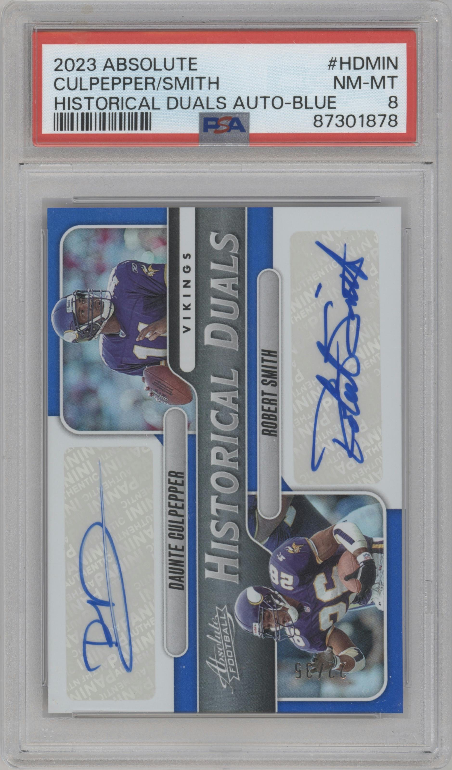 Daunte Culpepper/Robert Smith from the 2023 Panini Absolute set featuring a Blue parallel graded by PSA and given an overall grade of 8.