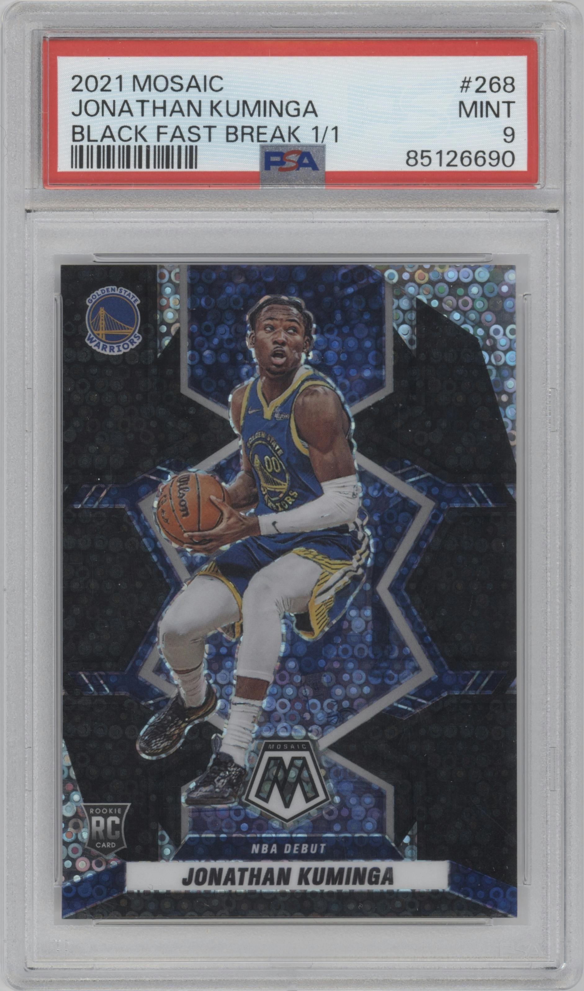 Jonathan Kuminga from the 2021-22 Panini Mosaic  set featuring a Fast Break Black parallel graded by PSA and given an overall grade of 9.