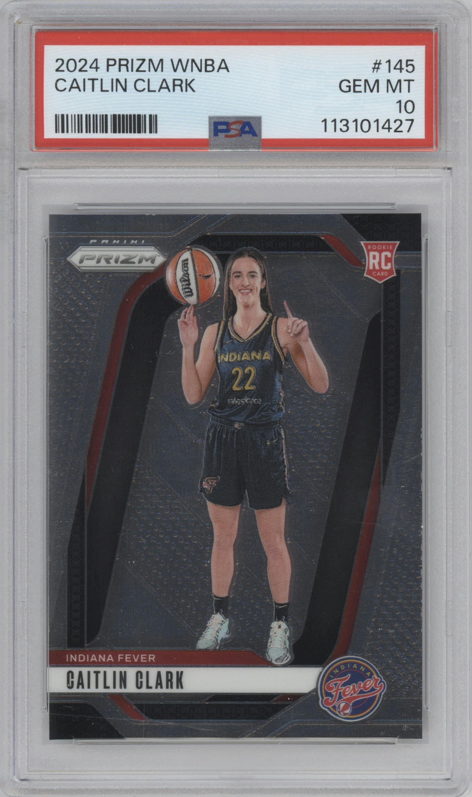 Caitlin Clark from the 2024 Panini Prizm WNBA set graded by PSA and given an overall grade of 10.