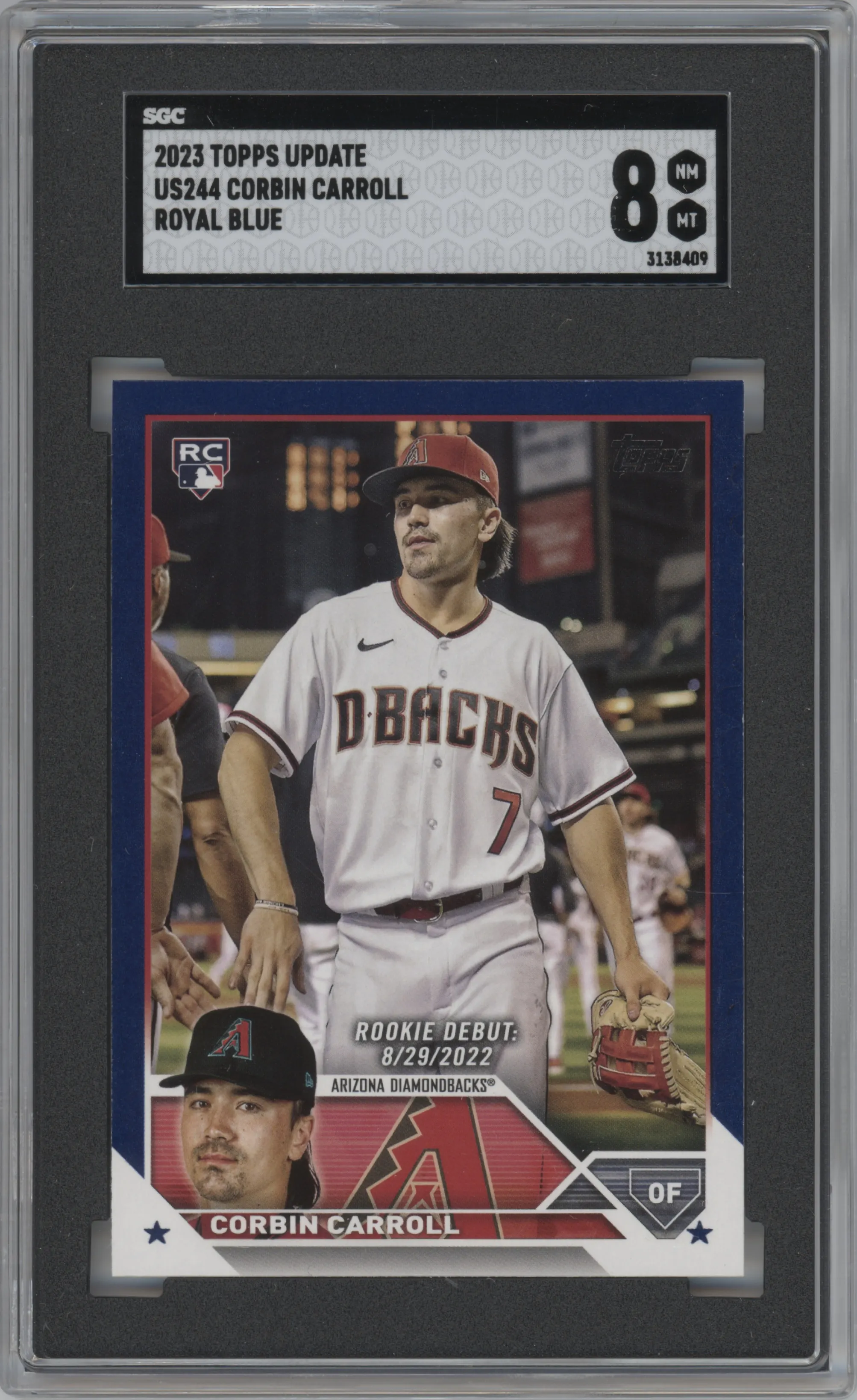  Corbin Carroll from the 2023 Topps Update set featuring a Royal Blue parallel graded by SGC and given an overall grade of 8.
