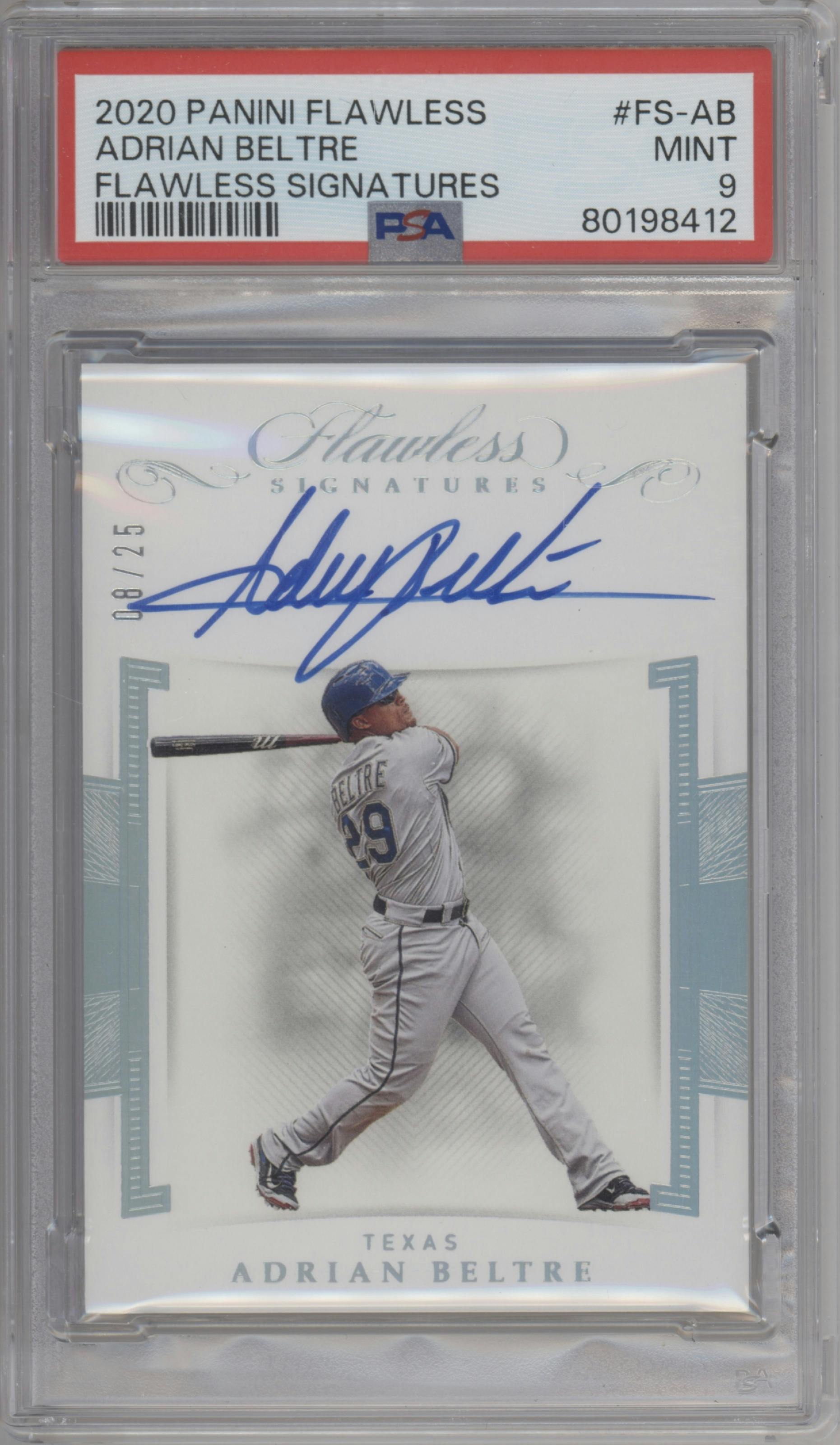 Adrian Beltre from the 2020 Panini Flawless set graded by PSA and given an overall grade of 9.
