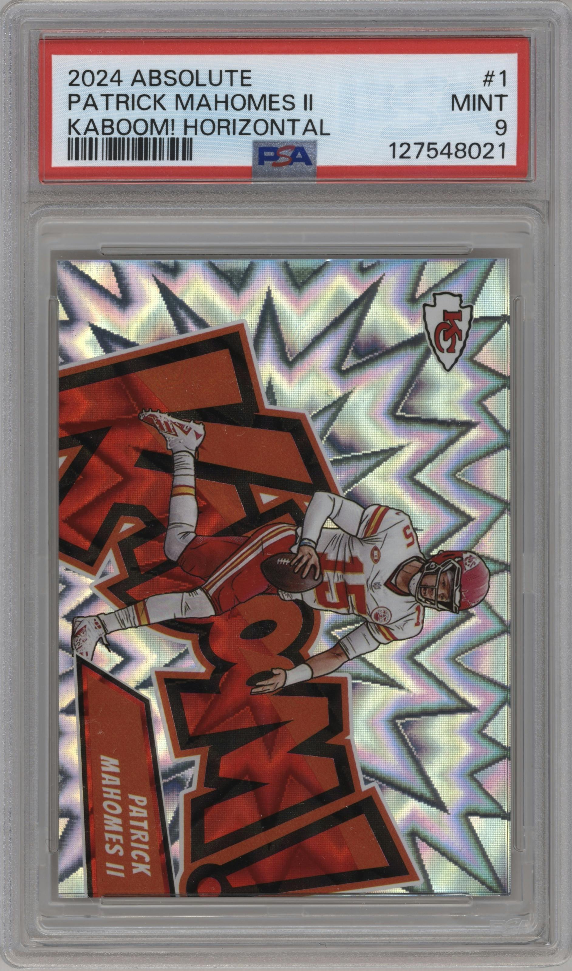 Patrick Mahomes II from the 2024 Panini Absolute set graded by PSA and given an overall grade of 9.